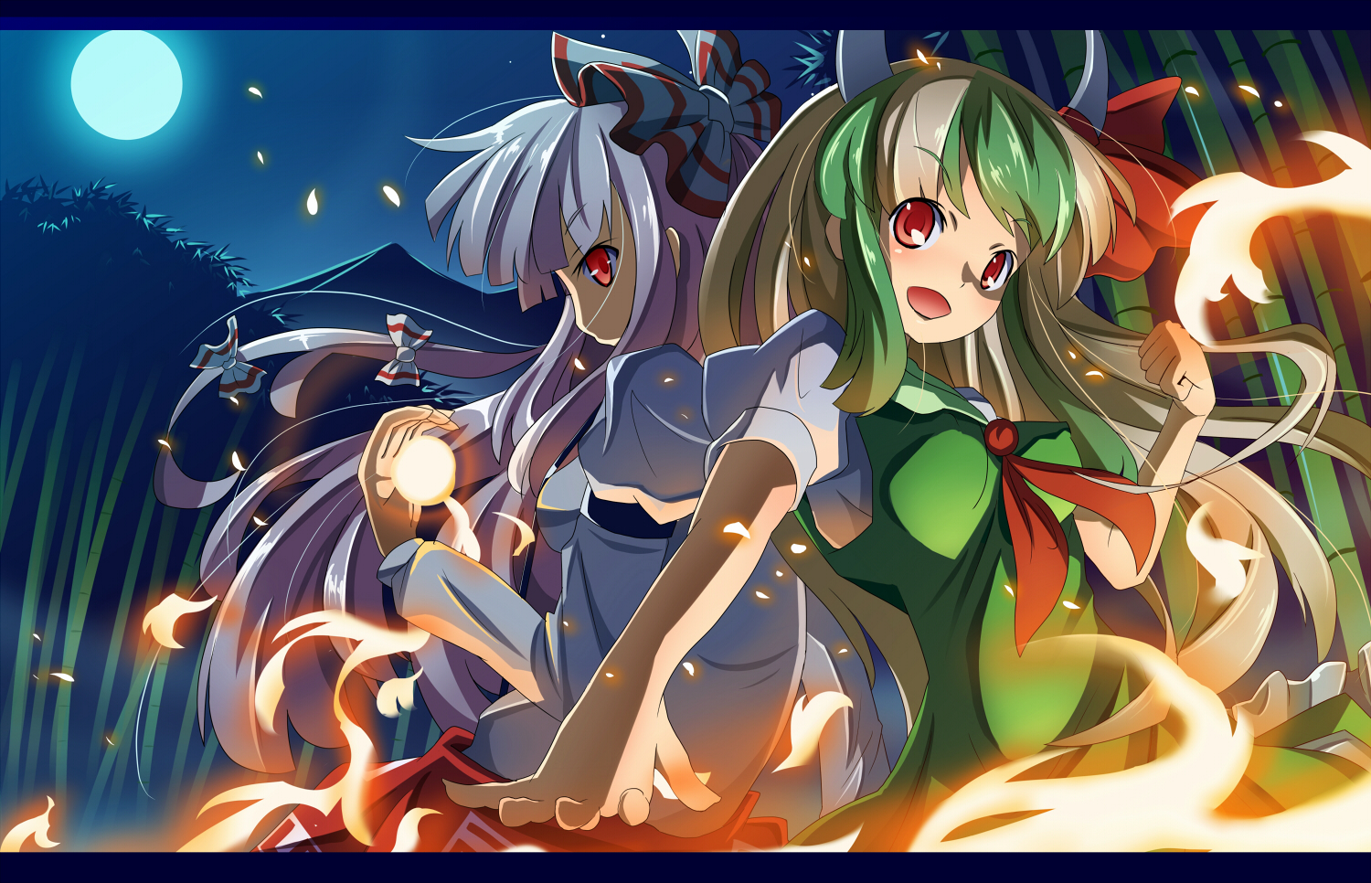 mikan (bananoha), ex-keine, fujiwara no mokou, kamishirasawa keine, touhou, silver hair, 2girls, bow, female focus, green hair, hair bow, hair ribbon, horns, moon, multicolored hair, multiple girls, outdoors, plant, red eyes, ribbon, sky, standing, suspenders, tree