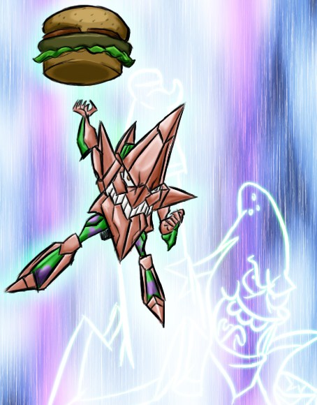 king kittan, kittan bachika, patrick star, spongebob squarepants (series), tengen toppa gurren lagann, burger, crossover, food, mecha, parody, robot