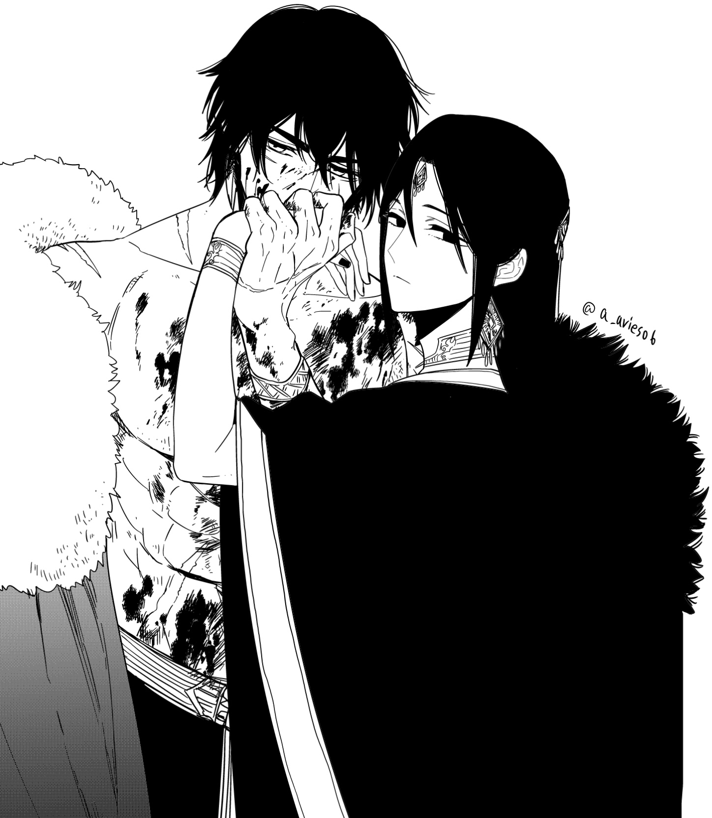 commentary, highres, 2boys, abs, ancient greek clothes, ares (ohitsuji ei), belt, blood, blood on chest, blood on face, blood on hands, bracer, cape, closed mouth, covered mouth, cowboy shot, empty eyes, expressionless, forehead jewel, fur-trimmed cape, fur trim, greco-roman clothes, greyscale, hades (ohitsuji ei), hair between eyes, hand up, holding hands, implied kiss, kiss, kissing hand, loincloth, looking at viewer, monochrome, multiple boys, nail polish, ohitsuji ei, parted bangs, pectorals, robe, scar, scar on face, scar on hand, scar on shoulder, scar on stomach, short hair, sideways glance, simple background, standing, thick eyebrows, three-quarter sleeves, toned, toned male, topless male, twitter username, uncle and nephew, white background, wide sleeves, yukai na shintouki