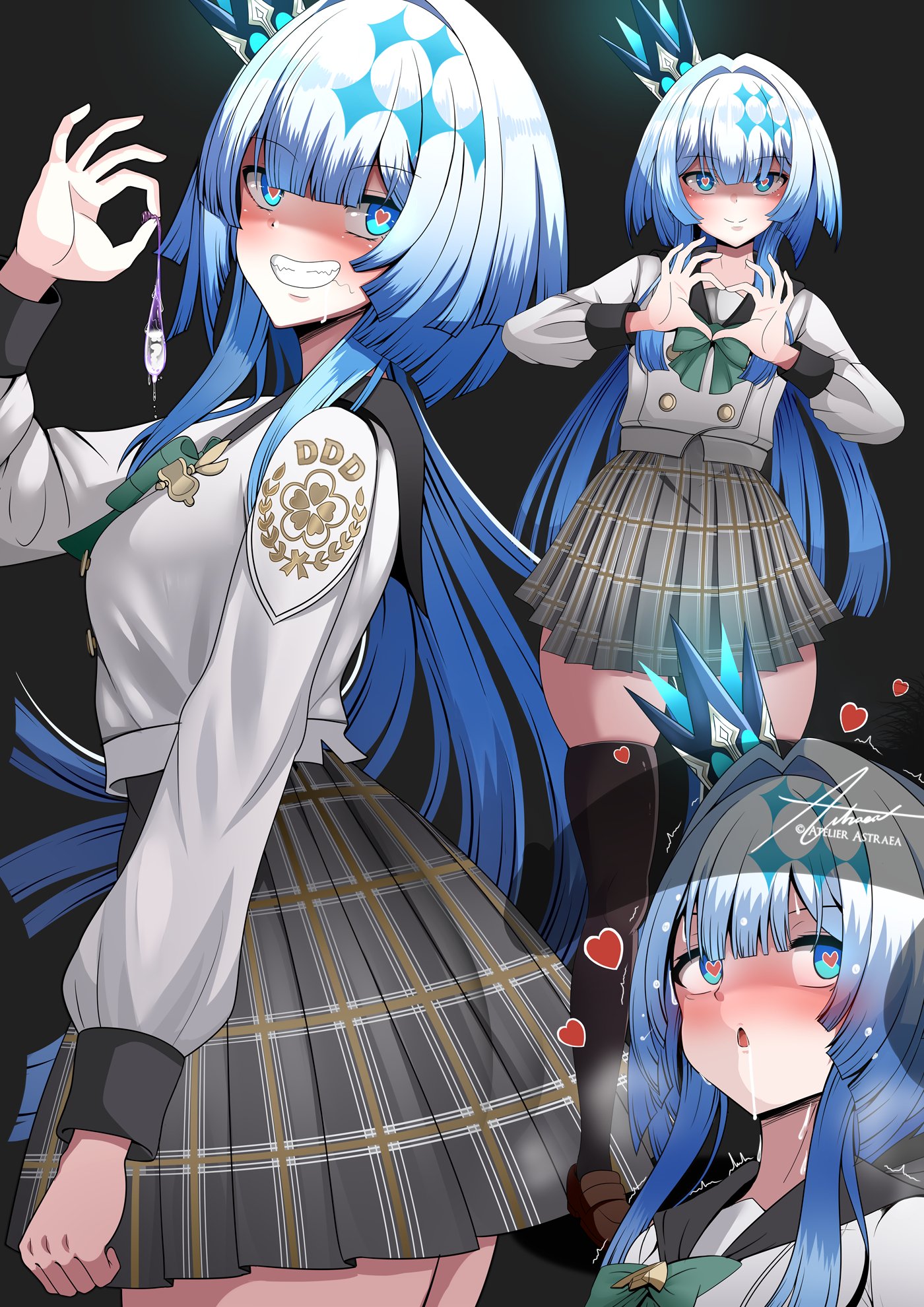 astraea (atelierastraea), cerydra (honkai: star rail), honkai: star rail, honkai (series), commentary, english commentary, highres, 1girl, alternate costume, black background, black sailor collar, black thighhighs, blue eyes, blush, bow, bowtie, brown shoes, buttons, condom, crown, double-breasted, green bow, green bowtie, grin, hair intakes, heart, heart-shaped pupils, heart hands, holding, holding condom, loafers, long hair, long sleeves, looking at viewer, mini crown, multiple views, plaid clothes, plaid skirt, pleated skirt, sailor collar, school uniform, shirt, shoes, signature, simple background, skindentation, skirt, smile, symbol-shaped pupils, thighhighs, twitter username, used condom, white hair, white shirt, zettai ryouiki