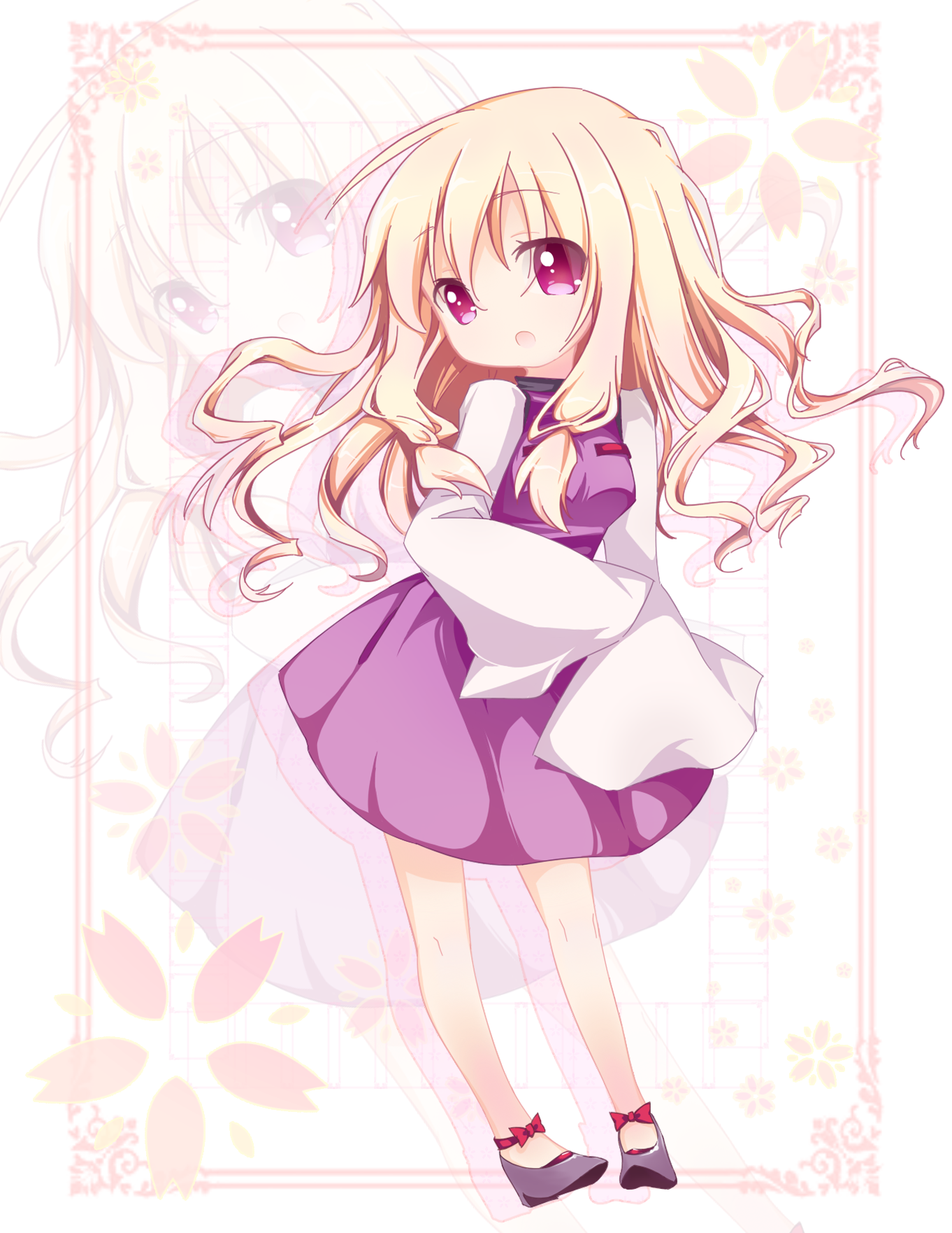 curtain (posuinochuanglian), yakumo yukari, yakumo yukari (young), touhou, highres, 1girl, aged down, alternate costume, blonde hair, child, colored eyelashes, eyelashes, female focus, flower, full body, long hair, purple eyes, shoes, solo, standing, white background, wide sleeves, zoom layer