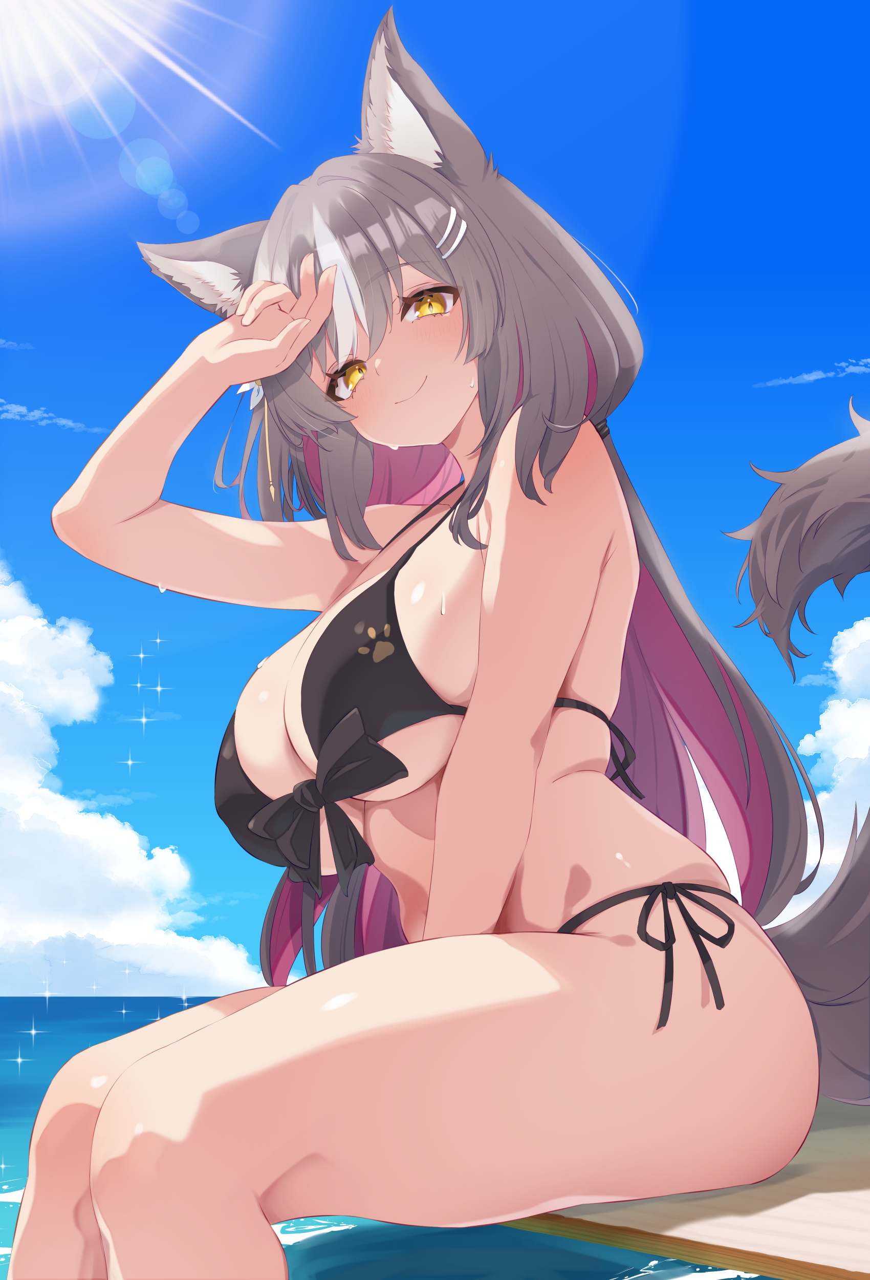 ashinobu panda, original, absurdres, commentary request, commission, highres, skeb commission, 1girl, animal ears, bikini, blue sky, cloud, colored inner hair, day, feet out of frame, fox ears, fox tail, front-tie bikini top, front-tie top, grey hair, horizon, multicolored hair, ocean, outdoors, purple hair, side-tie bikini bottom, sky, solo, sun, swimsuit, tail, virtual youtuber, yellow eyes
