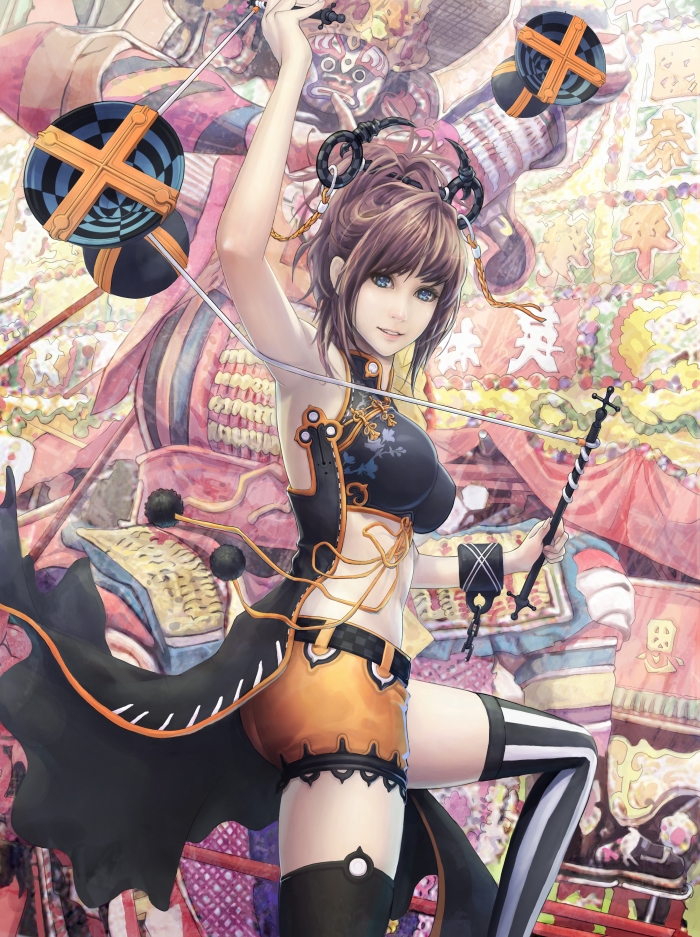 eat, eat0123, original, striped, 1girl, blue eyes, brown hair, female focus, lips, mask, shorts, smile, solo, thighhighs