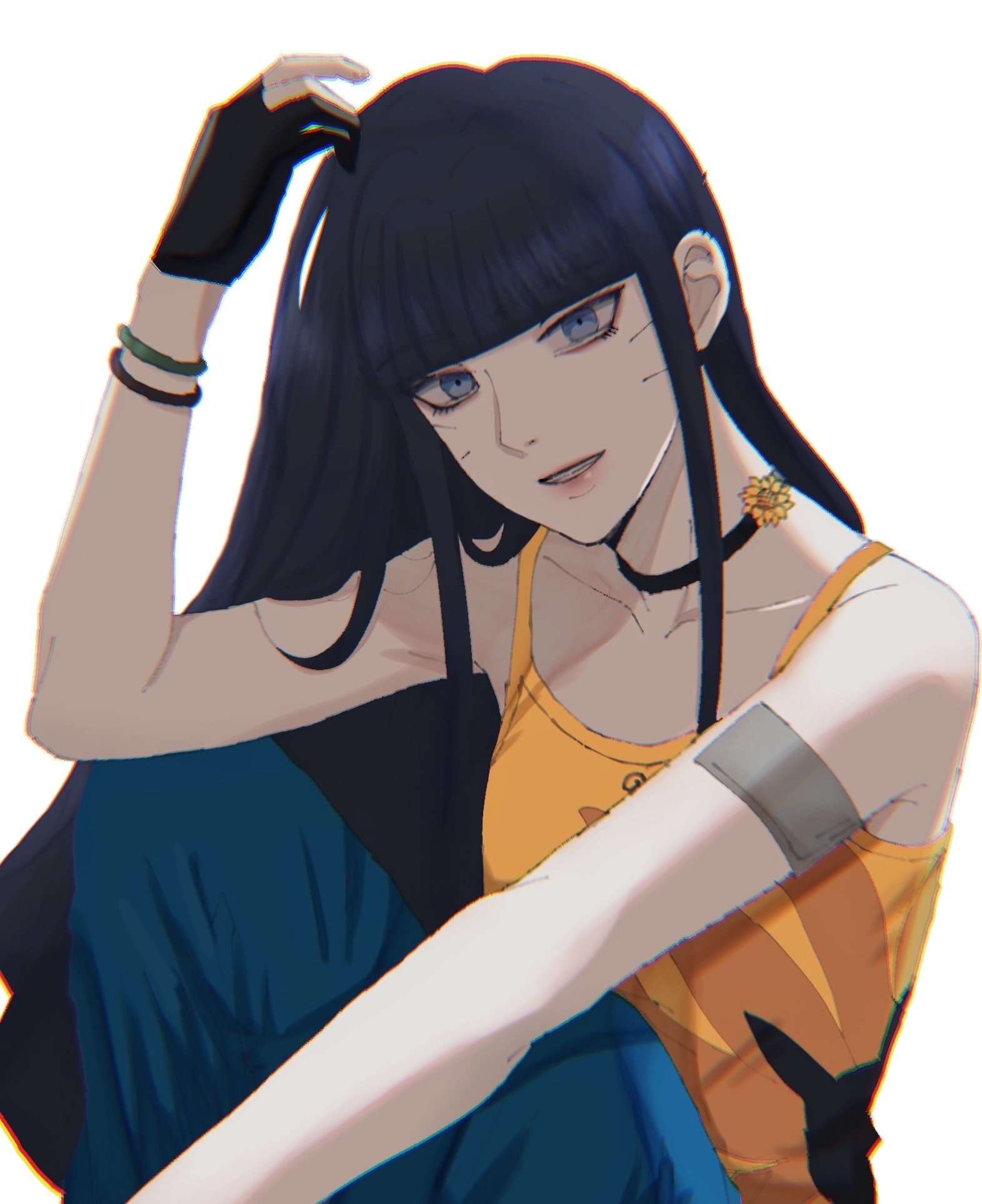 uzumaki himawari, boruto: two blue vortex, naruto (series), commentary request, highres, 1girl, arm rest, black choker, black gloves, black hair, blue eyes, blue pants, blunt bangs, bracelet, camisole, choker, chromatic aberration, facial mark, gloves, ifevilwhyuhot, jewelry, long hair, pants, partially fingerless gloves, sitting, solo, whisker markings, yellow camisole