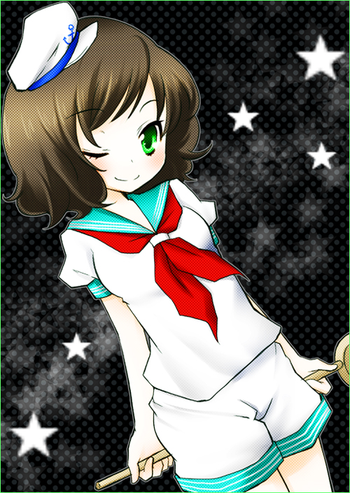 miyata waltz, murasa minamitsu, touhou, bad id, bad pixiv id, 1girl, brown hair, female focus, green eyes, hat, hishaku, sailor, shorts, solo, wink