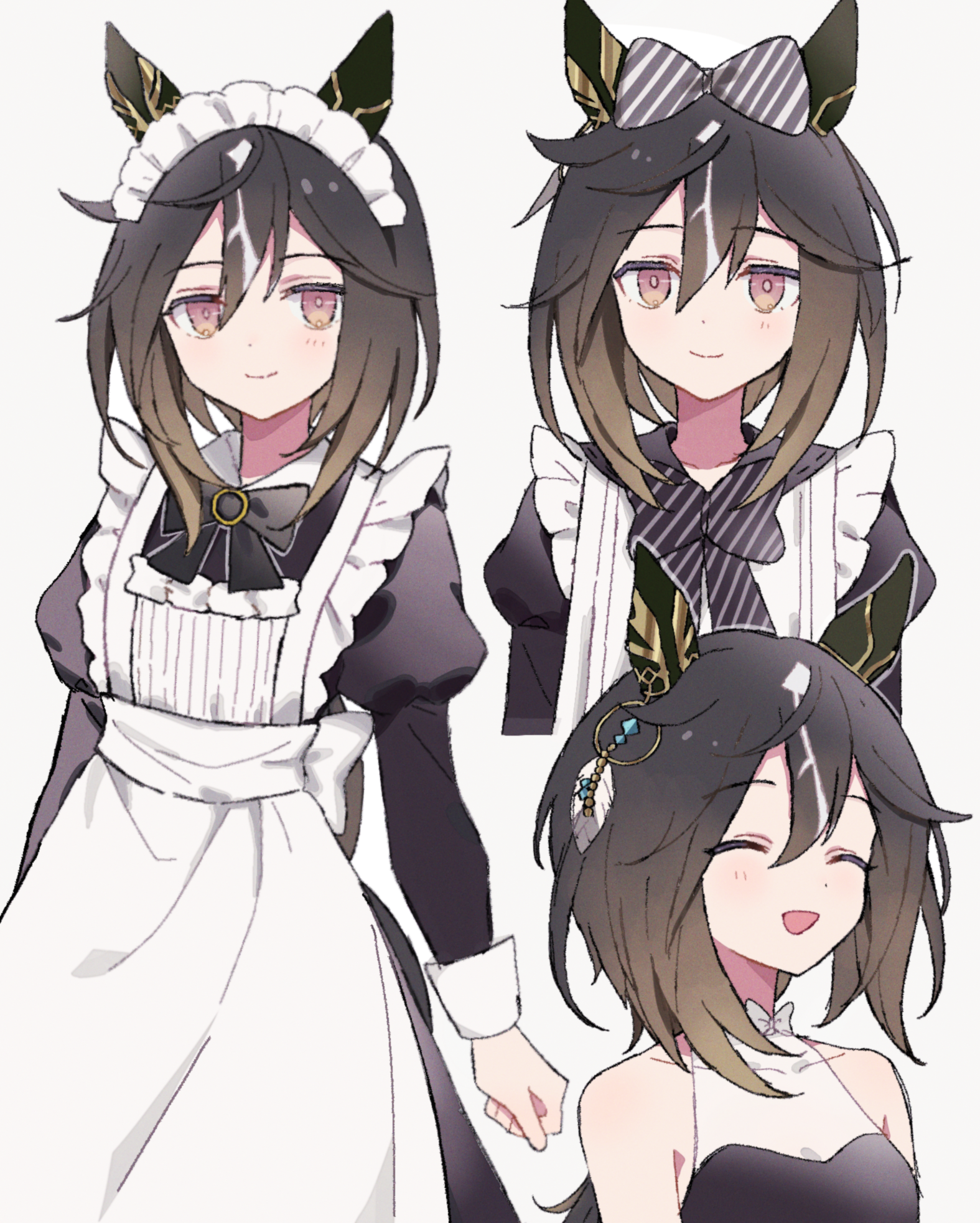 anaketsu, stay gold (umamusume), umamusume, commentary request, highres, 1girl, ^ ^, animal ears, apron, black hair, bow, bowtie, brown hair, closed eyes, diagonal-striped bow, diagonal-striped bowtie, diagonal-striped clothes, ear covers, gradient hair, hair between eyes, hair bow, horse ears, horse girl, juliet sleeves, long sleeves, maid apron, maid headdress, multicolored hair, multiple views, puffy sleeves, simple background, sleeve cuffs, striped bow, striped bowtie, striped clothes, white apron, white background, white headdress