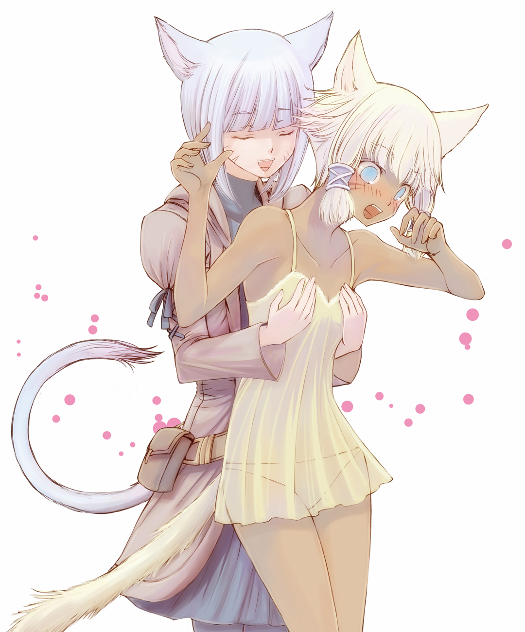 takatsuki kahiro, y'shtola rhul, final fantasy, final fantasy xiv, highres, 10s, 2girls, animal ears, blonde hair, blue eyes, blue hair, breasts, camisole, cat ears, cat girl, cat tail, dark-skinned female, dark skin, grabbing another's breast, groping, miqo'te, multiple girls, short hair, tail, yuri