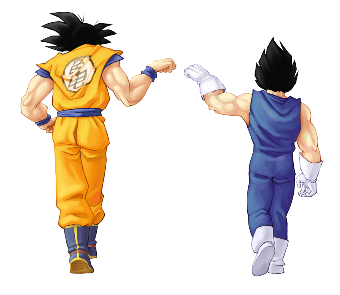 jamie, son goku, vegeta, dragon ball, dragonball z, 2boys, black hair, boots, clothes writing, fist bump, from behind, gloves, male focus, multiple boys, muscular, simple background, walking, wristband