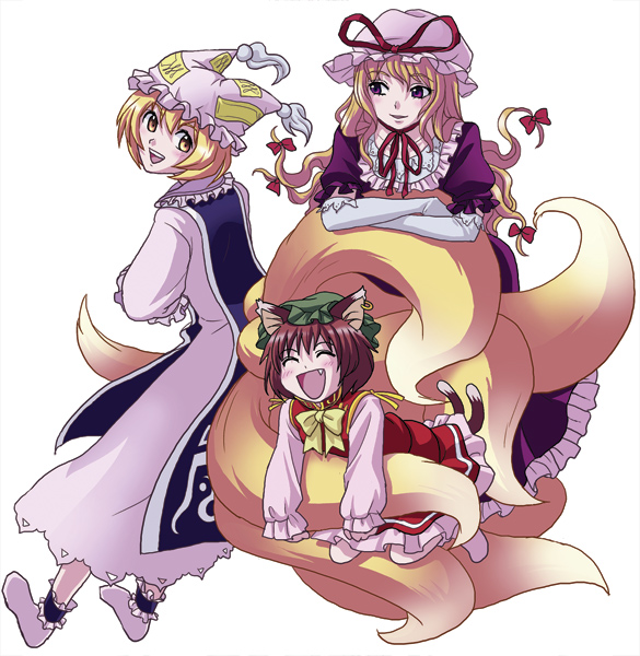 kinutani soushi, chen, yakumo ran, yakumo yukari, touhou, bad id, bad pixiv id, 3girls, animal ears, blonde hair, brown hair, cat ears, cat girl, cat tail, dress, earrings, elbow gloves, female focus, fox tail, full body, gloves, hat, jewelry, long hair, multiple girls, multiple tails, purple eyes, short hair, simple background, tail, white background, yellow eyes