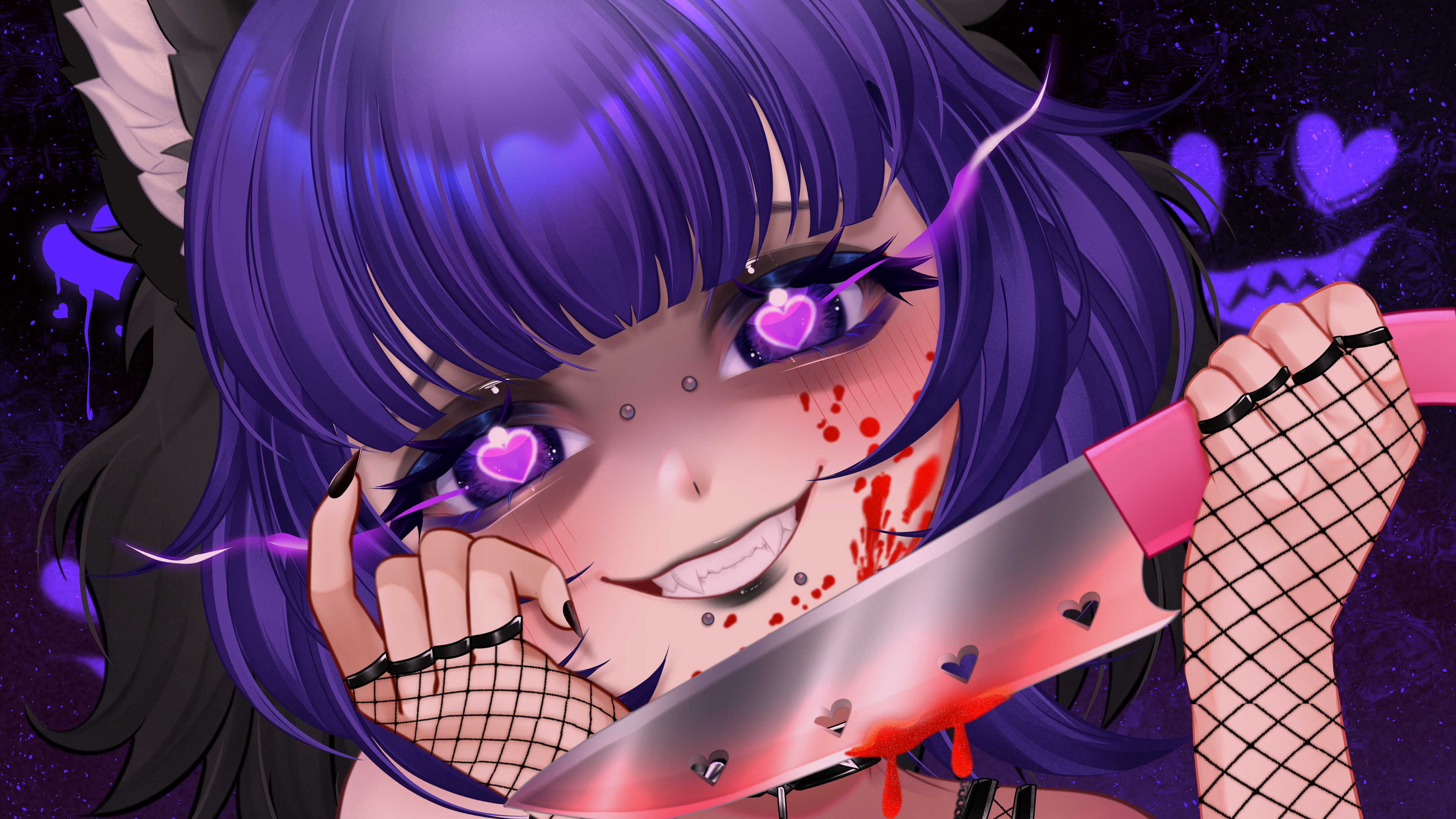 1girl, animal ear fluff, animal ears, black background, black hair, black lips, blood, bridge piercing, cat ears, creepy, face piercing, fishnets, gloves, knife, looking at viewer, mouth piercing, nicoenvt, nynbug, piercing, purple eyes, purple hair, short hair, smile, solo, solo focus, wavy hair, yandere