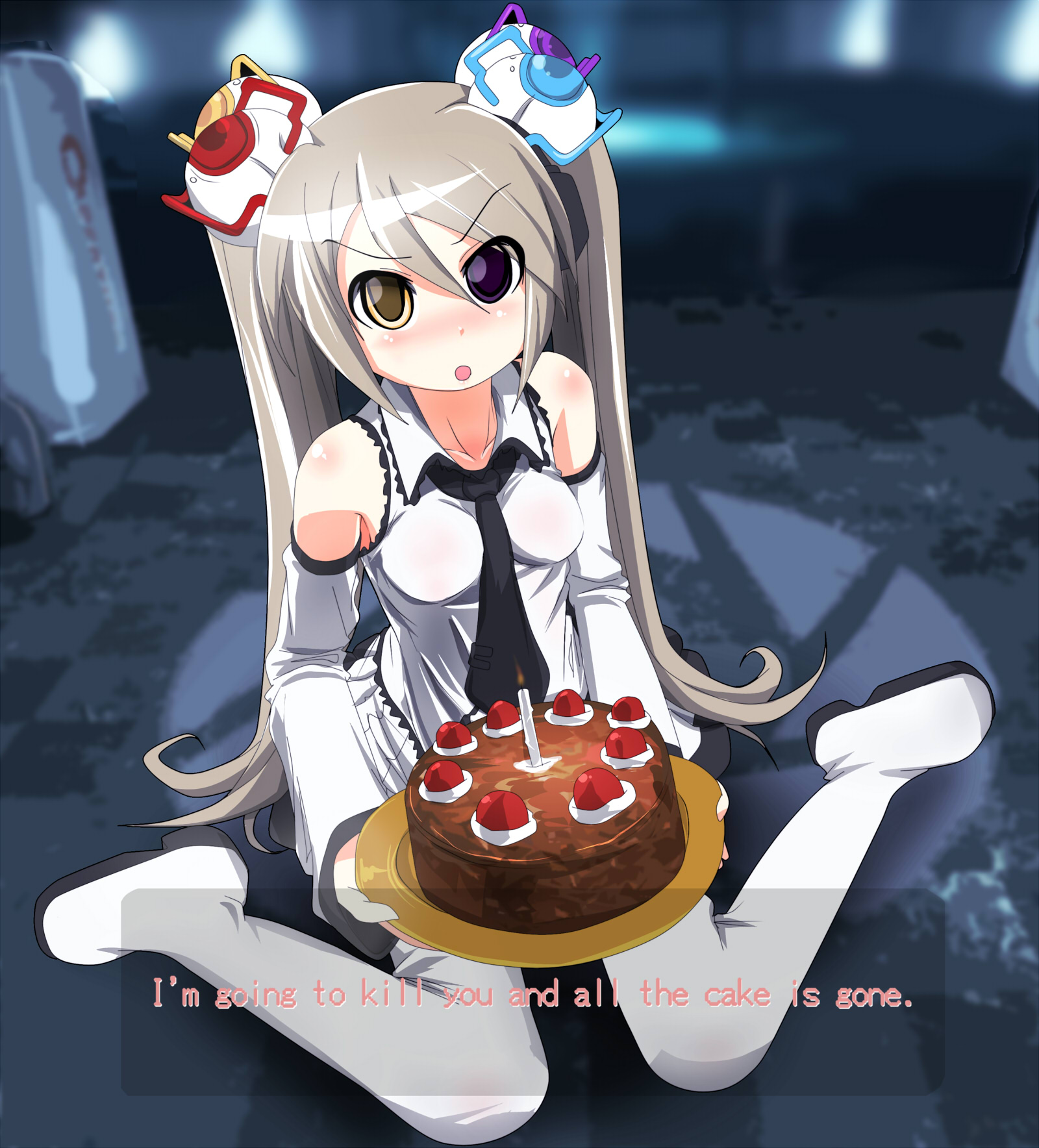 hangaku, glados, glados-tan, portal (series), portal 1, highres, spoilers, 1girl, angry, bare shoulders, black forest cake, blush, boots, cake, detached sleeves, english text, fake screenshot, female focus, food, hairpods, heterochromia, kneeling, long hair, meme, necktie, pastry, personification, sitting, skirt, solo, the cake is a lie (meme), thigh boots, thighhighs, tray, tsundere, twintails, valve, wariza, white hair, white thighhighs