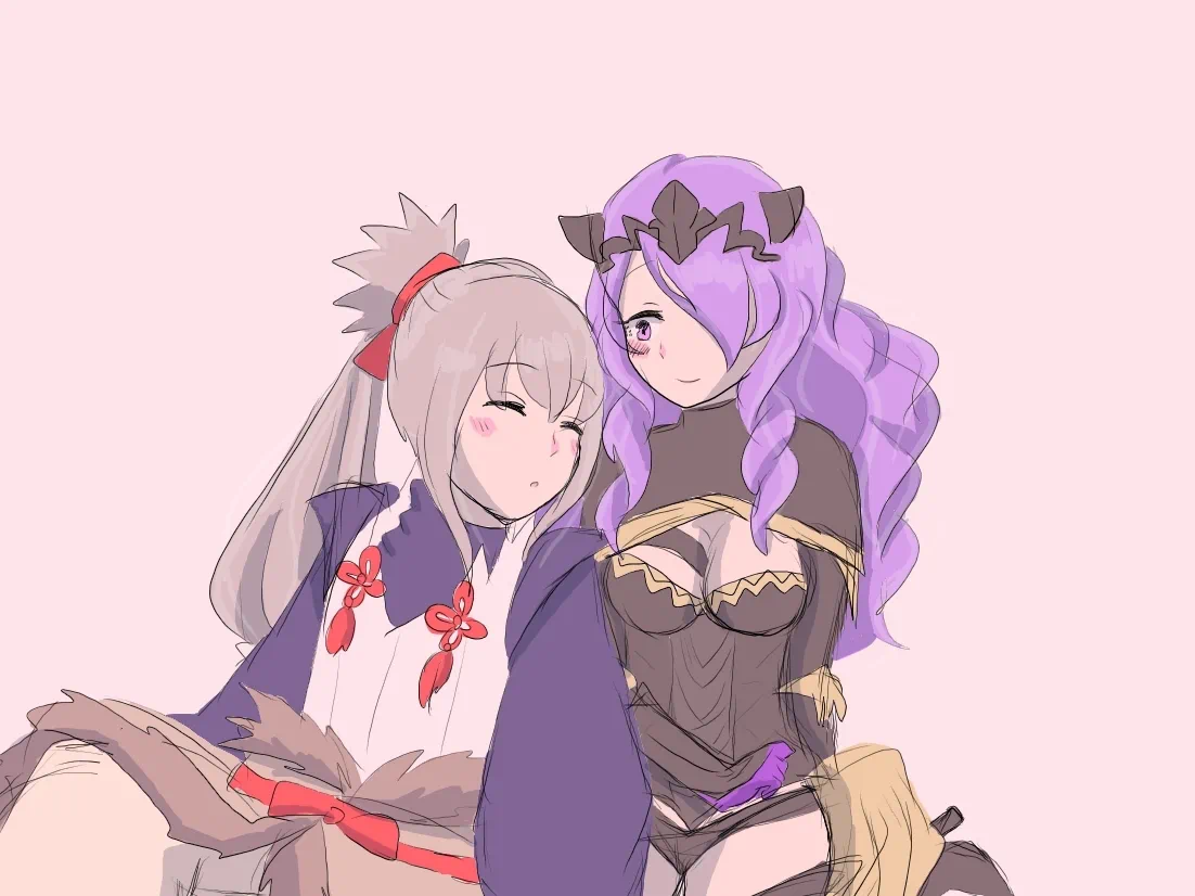 1boy, 1girl, between breasts, blush, breasts, chignon, cleavage, closed eyes, french bread is delicious, hair over one eye, long hair, looking at another, older female and younger male, one eye covered, purple eyes, purple hair, simple background, sleeping, strap between breasts, tiara, wavy hair