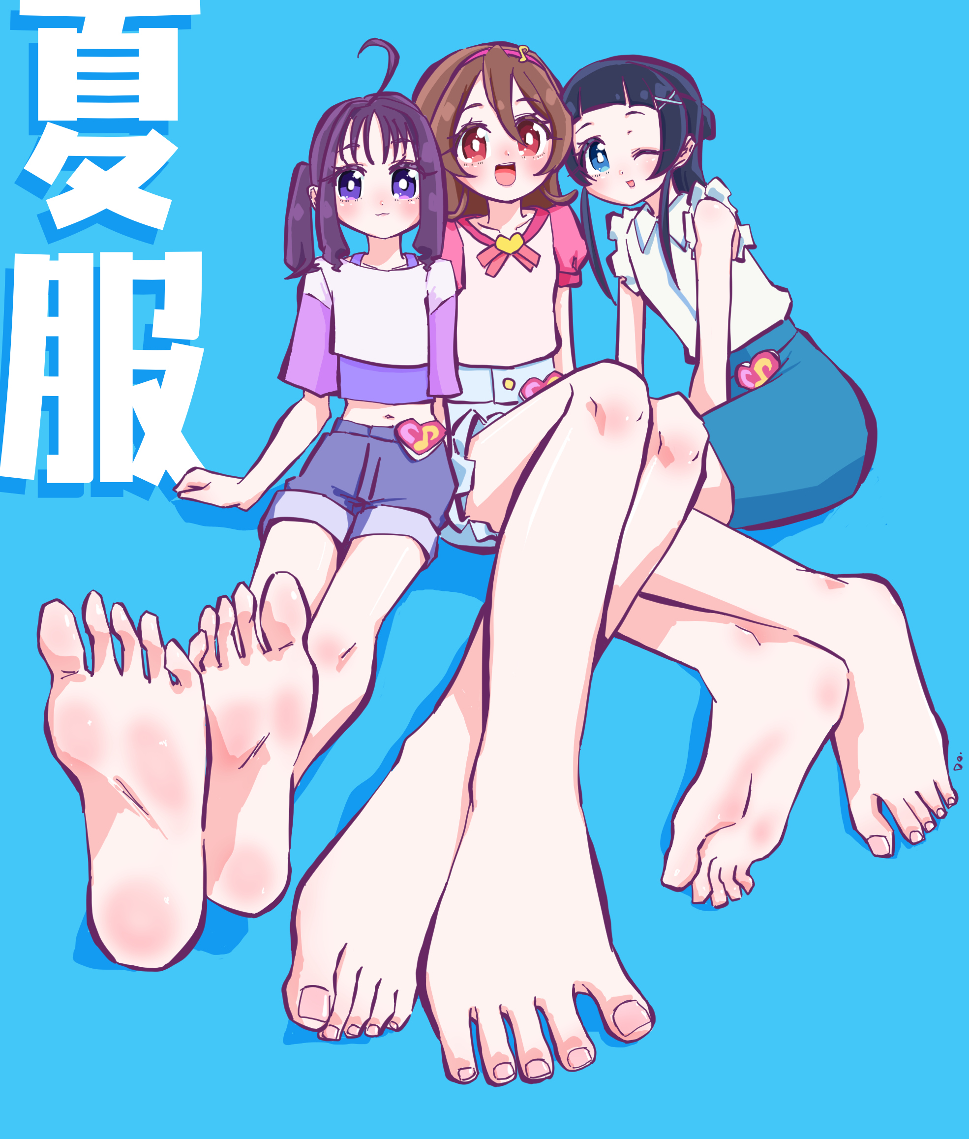 dradora, aokaze nana, sakura uta (precure), shigure kokoro, kimi to idol precure, precure, highres, 3girls, barefoot, black hair, blue eyes, brown hair, feet, light blush, long hair, looking at viewer, multiple girls, one eye closed, open mouth, purple eyes, purple hair, red eyes, soles, toes, twintails, wink