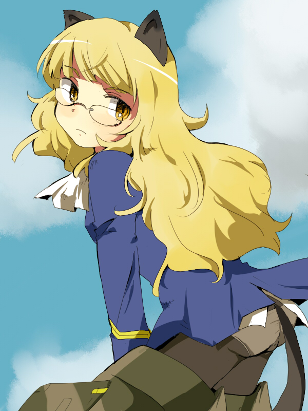 kiko (strategist), perrine h. clostermann, strike witches, world witches series, uniform, 00s, 1girl, animal ears, ass, blonde hair, cat ears, cat girl, cat tail, female focus, glasses, long hair, looking back, outdoors, panties, panties under pantyhose, pantyhose, sky, solo, striker unit, tail, underwear, yellow eyes