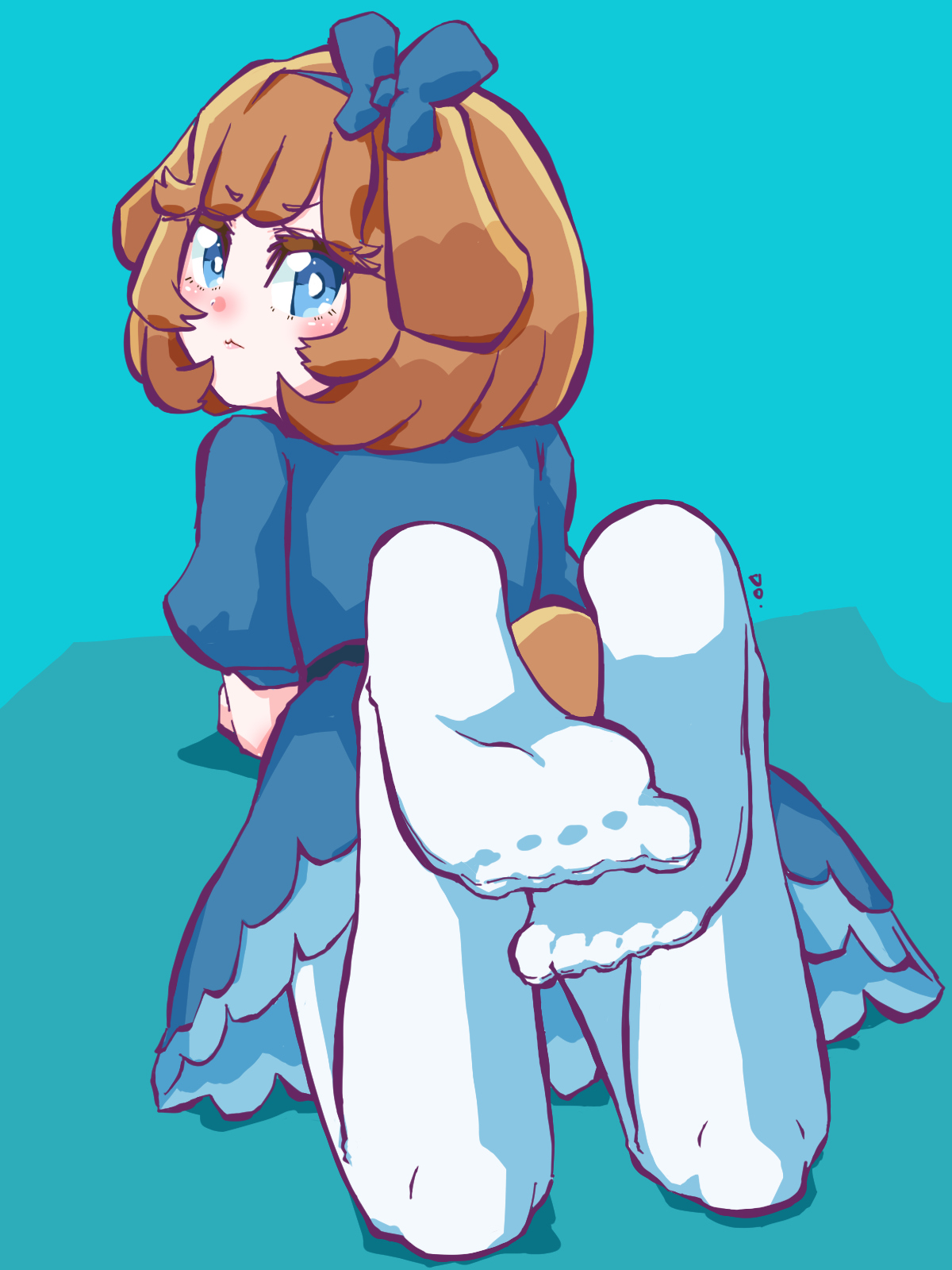 dradora, original, highres, 1girl, blue eyes, brown hair, feet, looking at viewer, looking back, lying, medium hair, on stomach, pantyhose, soles, toes, white pantyhose