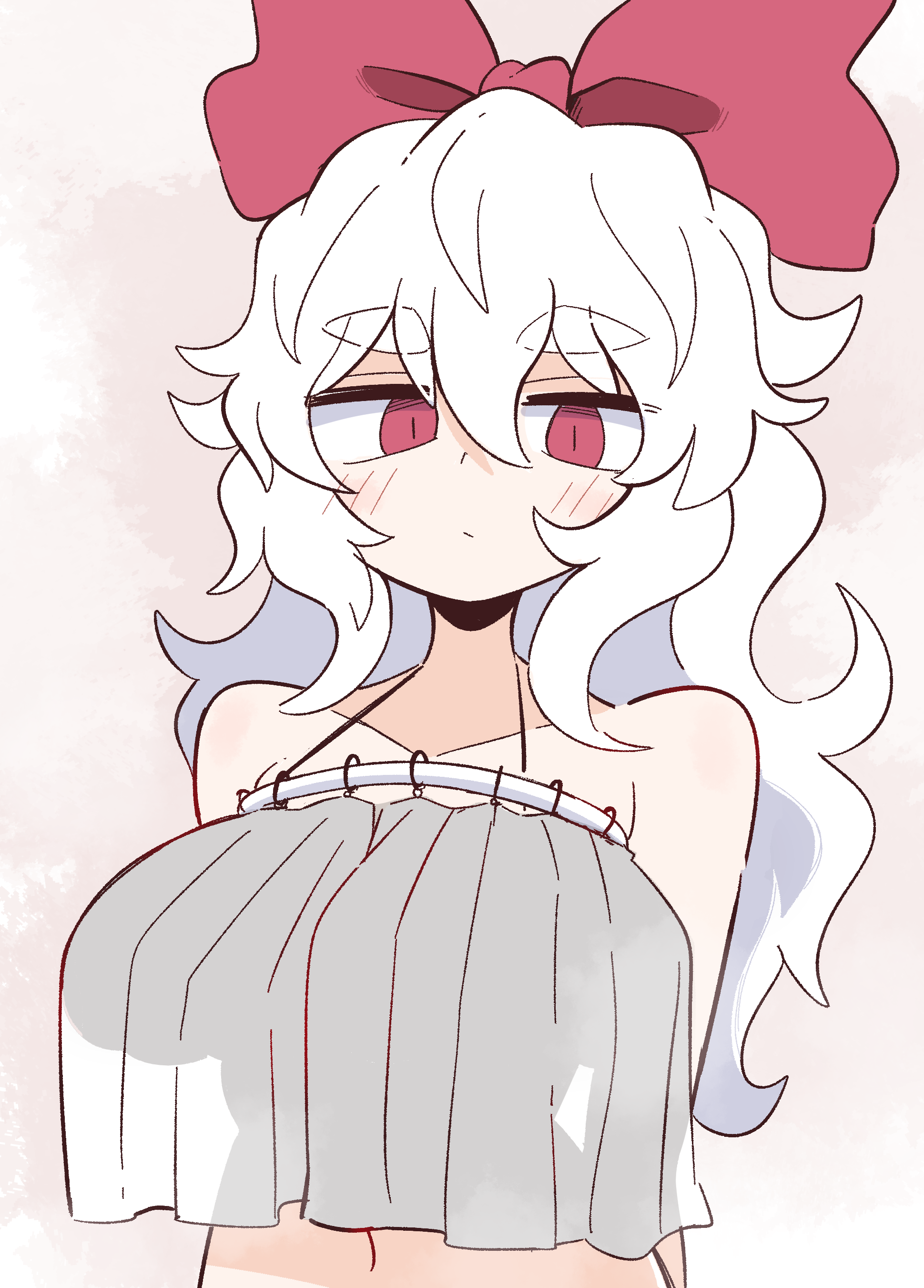 kurachi mizuki, original, absurdres, commentary request, highres, 1girl, blush, bow, breast curtains, breasts, brown background, closed mouth, collarbone, crop top, crop top overhang, curtains, hair bow, large breasts, light frown, long hair, navel, pun, red bow, red eyes, simple background, solo, spaghetti strap, upper body, white hair