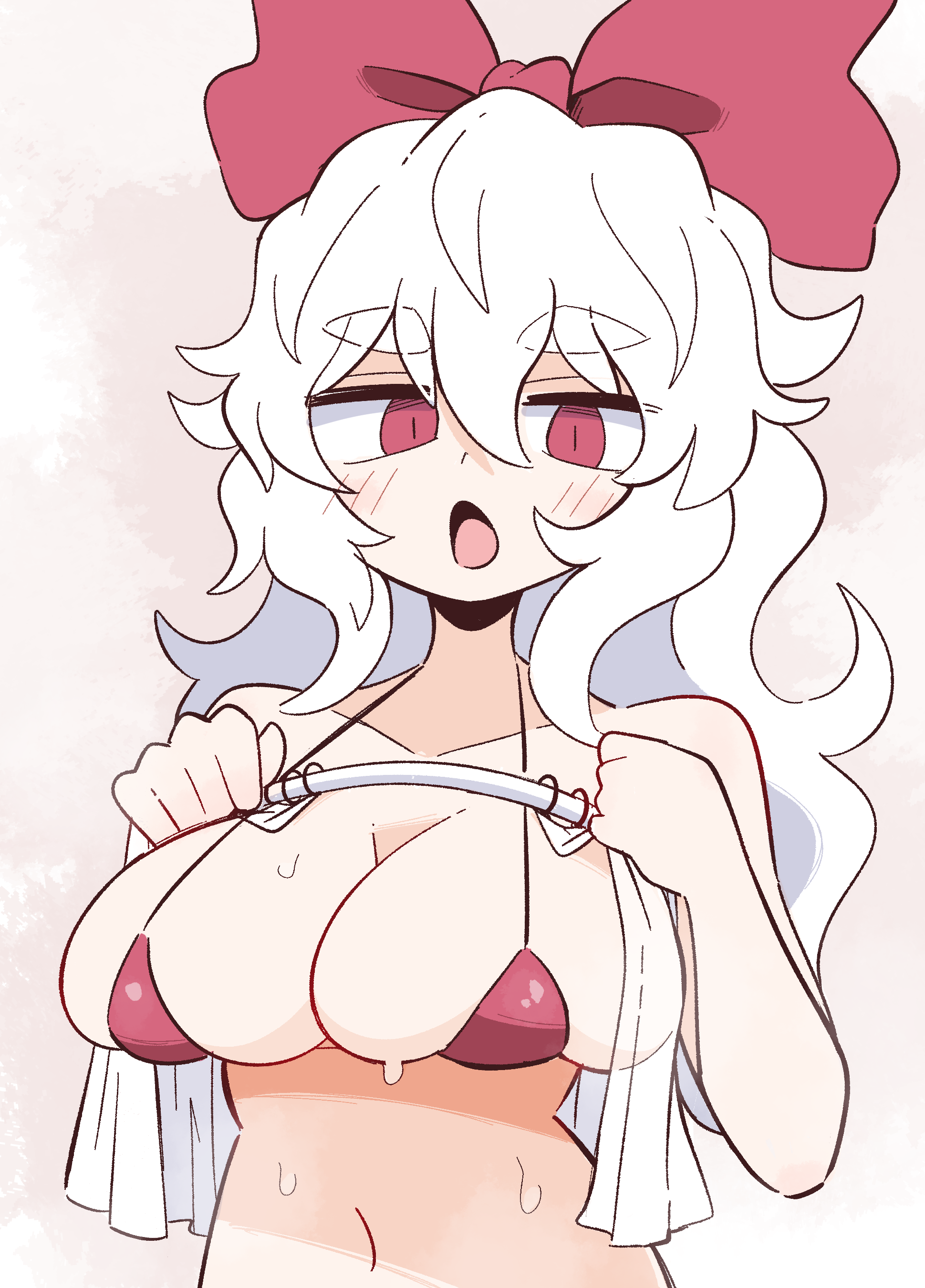 kurachi mizuki, original, absurdres, commentary request, highres, 1girl, :o, blush, bow, bra, breast curtains, breasts, brown background, collarbone, crop top, crop top overhang, curtains, hair bow, large breasts, long hair, micro bra, midriff, navel, open mouth, opening curtains, pun, red bow, red bra, red eyes, simple background, solo, spaghetti strap, sweatdrop, underwear, upper body, white hair