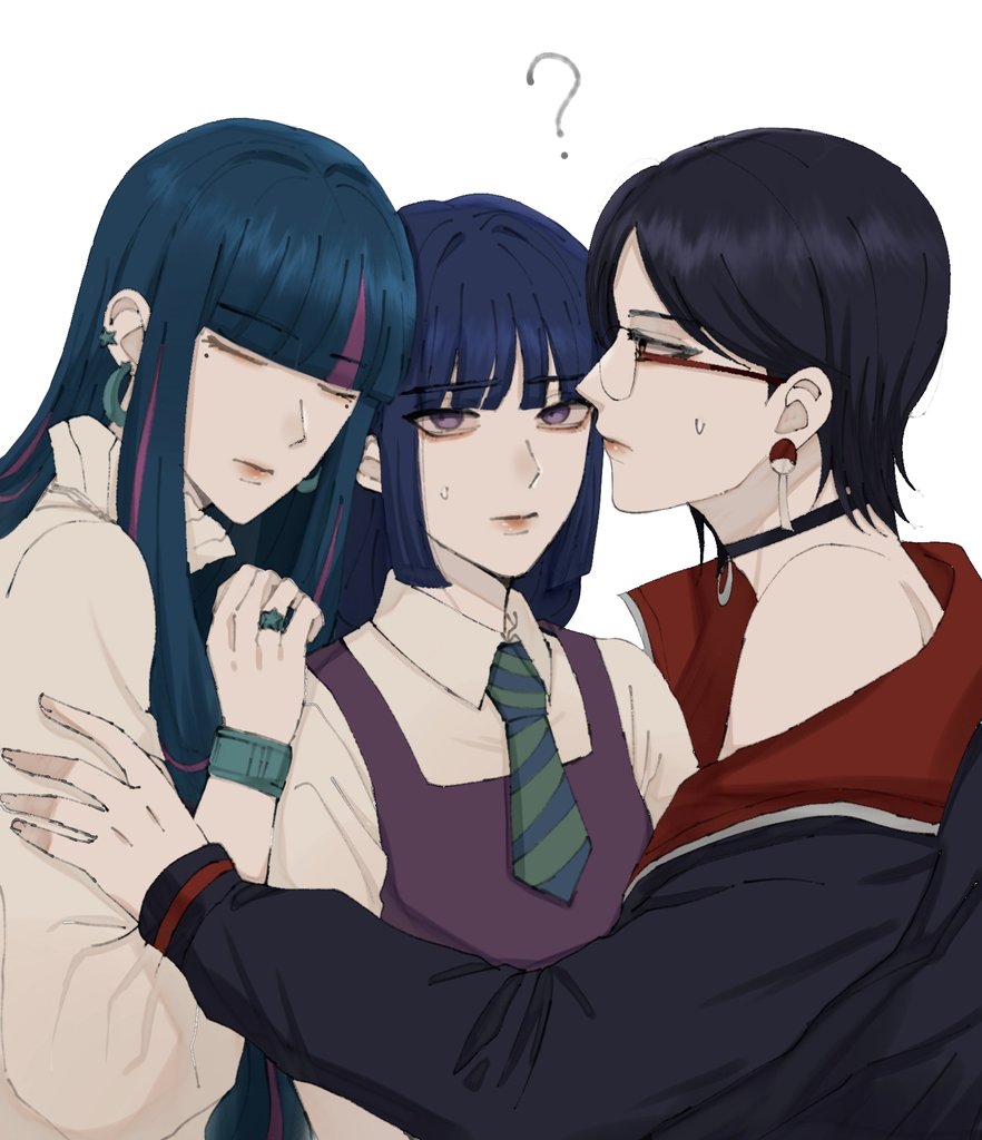 ada (naruto), kakei sumire, uchiha sarada, boruto: two blue vortex, naruto (series), 3girls, ?, black choker, black hair, black jacket, blue hair, blunt bangs, bracelet, choker, diagonal-striped clothes, diagonal-striped necktie, dress, earrings, glasses, ifevilwhyuhot, jacket, jewelry, long hair, mole, mole under each eye, mole under eye, multicolored hair, multiple girls, multiple moles, necktie, off shoulder, pink hair, purple dress, purple eyes, rimless eyewear, ring, short hair, short necktie, sleeves past wrists, streaked hair, striped clothes, sweatdrop, two-sided fabric, two-sided jacket, two-tone hair