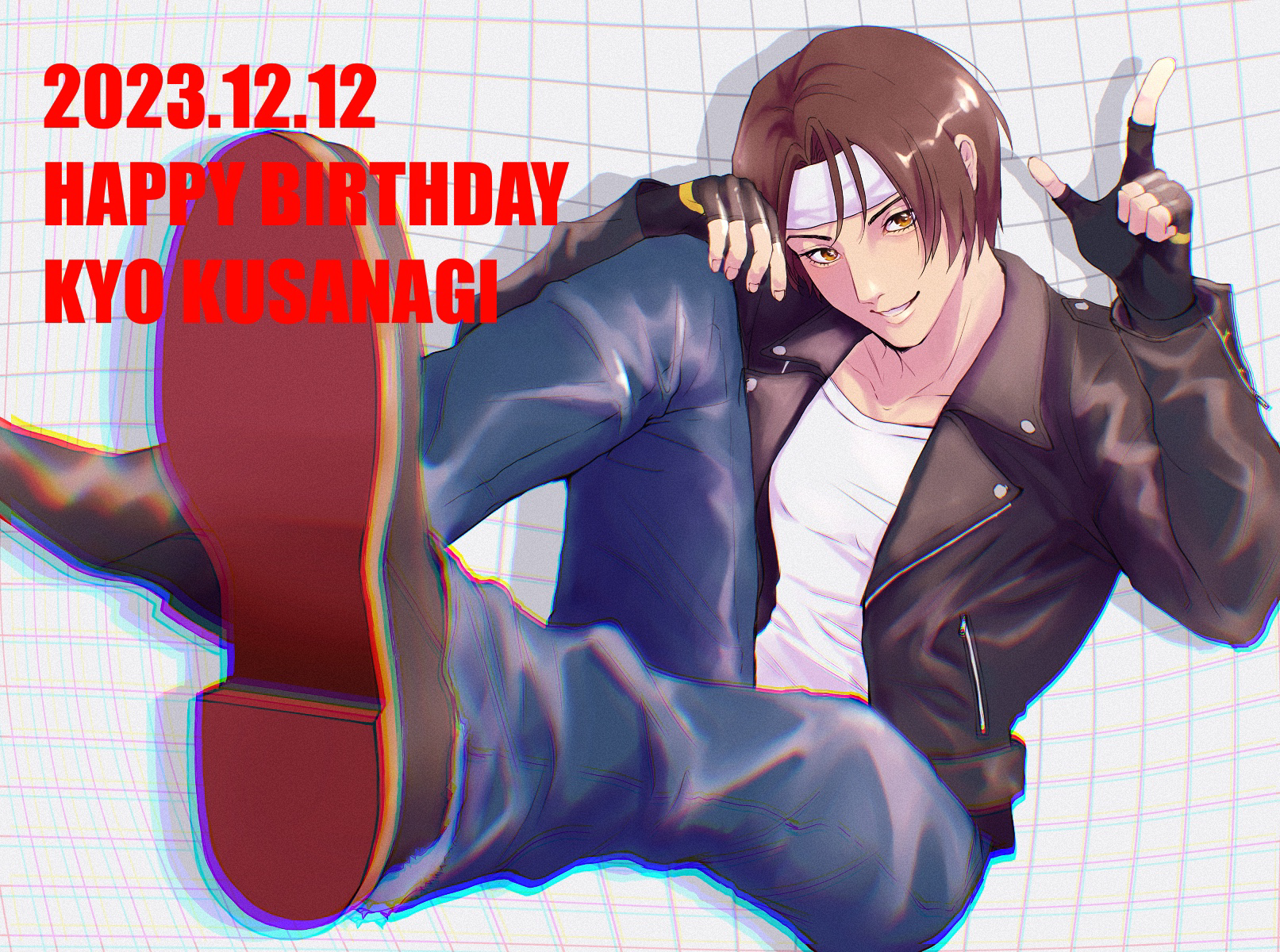 kusanagi kyou, the king of fighters, commentary request, highres, 1boy, black boots, black gloves, black jacket, blue pants, blurry, blurry foreground, boots, brown eyes, brown hair, dated, denim, fingerless gloves, gloves, grid background, hand on own knee, happy birthday, head tilt, headband, jacket, jeans, leather, leather jacket, looking at viewer, male focus, nahogiisio, open clothes, open jacket, pants, pointing, pointing up, shirt, short hair, smile, solo, white headband, white shirt