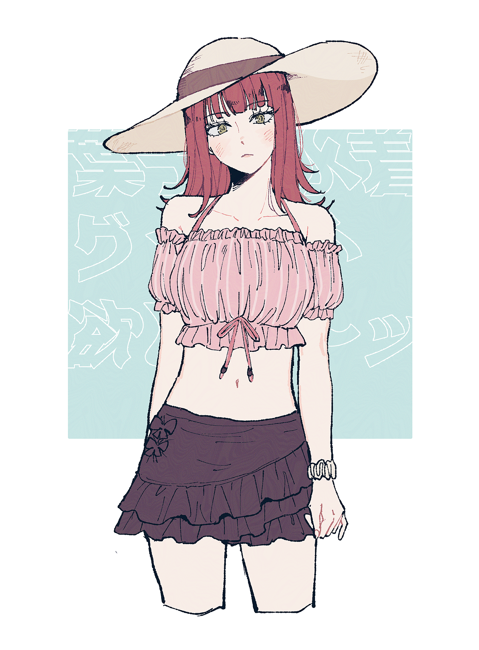 katori youko, world trigger, absurdres, commentary, highres, 1girl, bare shoulders, bikini, bikini skirt, blue background, blush, border, collarbone, frilled bikini, frilled skirt, frilled tube top, frills, hat, long hair, looking at viewer, navel, scrunchie, skirt, strapless, sun hat, swimsuit, t0r4 x3, tube top, white border, wrist scrunchie, yellow eyes