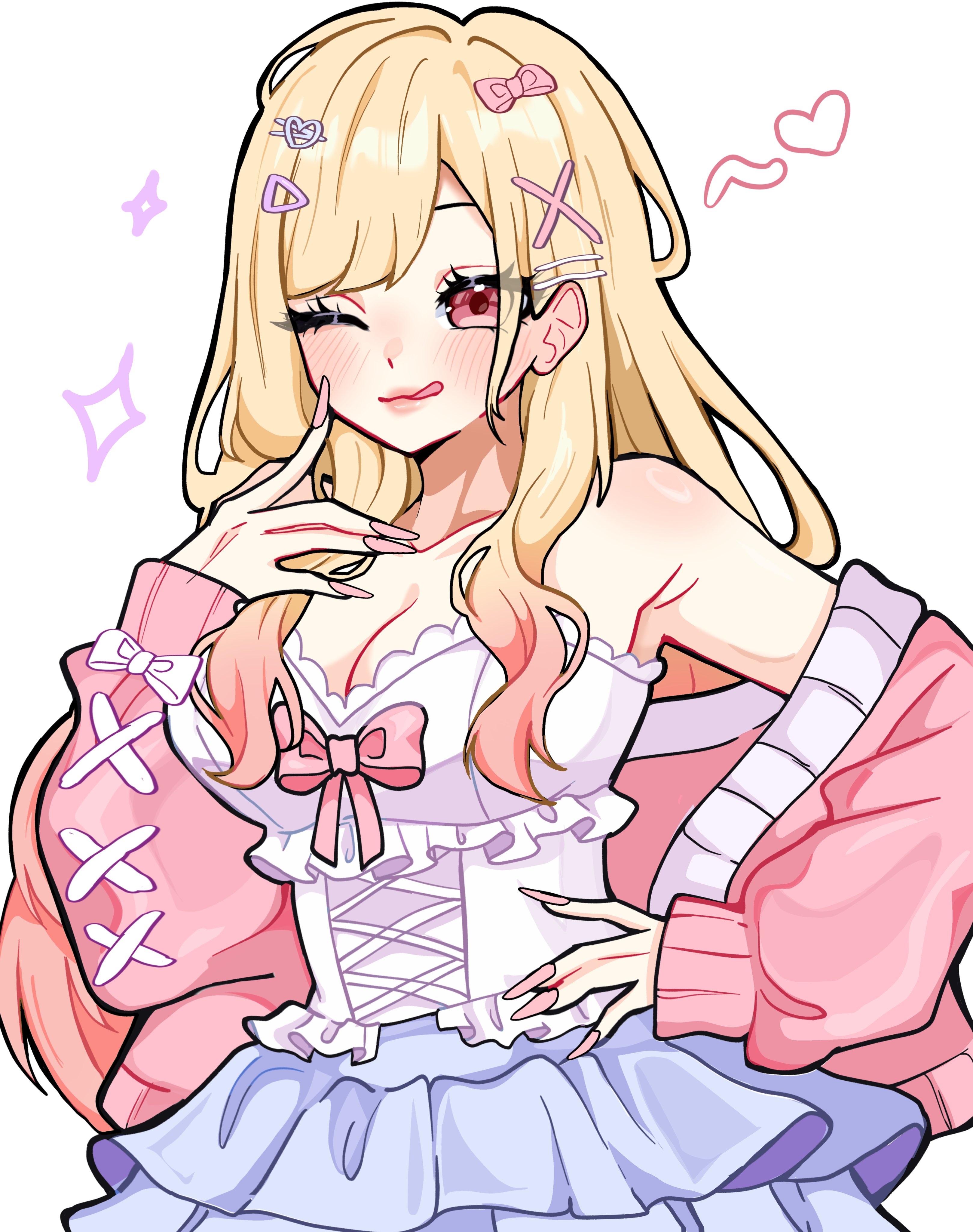 miovartz, kitagawa marin, sono bisque doll wa koi wo suru, absurdres, commentary, english commentary, highres, 1girl, blonde hair, blue skirt, blush, bow, breasts, cardigan, cleavage, colored tips, fingernails, frilled skirt, frills, gradient hair, hair bow, hair ornament, hairclip, hand on own face, hand on own hip, long fingernails, medium breasts, multicolored hair, nail polish, one eye closed, pink bow, pink cardigan, pink hair, pink nails, single bare shoulder, skirt, solo, sparkle, tongue, tongue out, upper body, x hair ornament