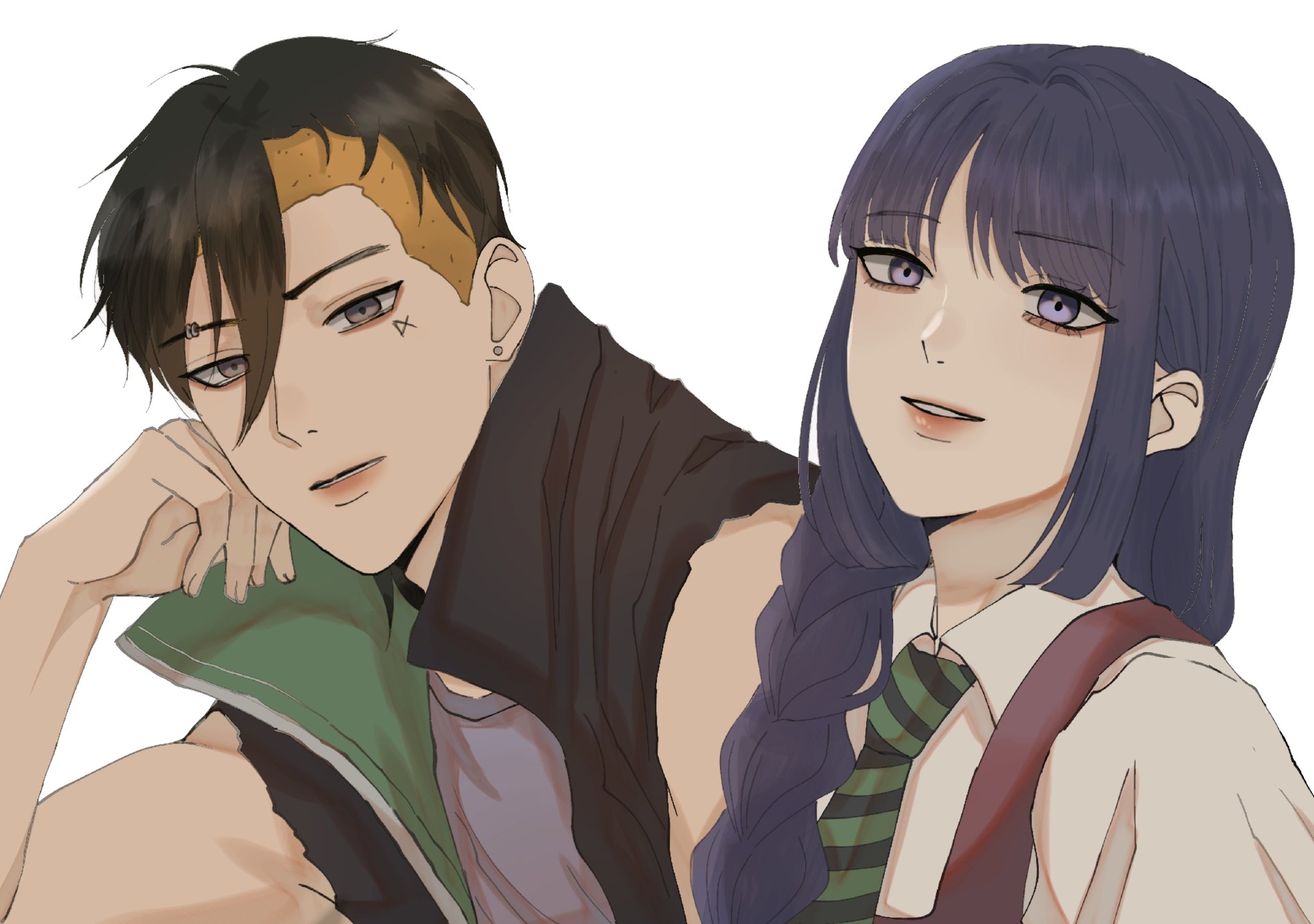 kakei sumire, kawaki (boruto), boruto: two blue vortex, naruto (series), highres, 1boy, 1girl, black coat, black hair, blonde hair, braid, coat, diagonal-striped clothes, diagonal-striped necktie, earrings, eyebrow piercing, face piercing, facial tattoo, ifevilwhyuhot, jewelry, low twin braids, multicolored hair, muscular, muscular male, necktie, piercing, purple hair, sleeveless, sleeveless coat, striped clothes, stud earrings, tattoo, twin braids, two-tone hair, underwear