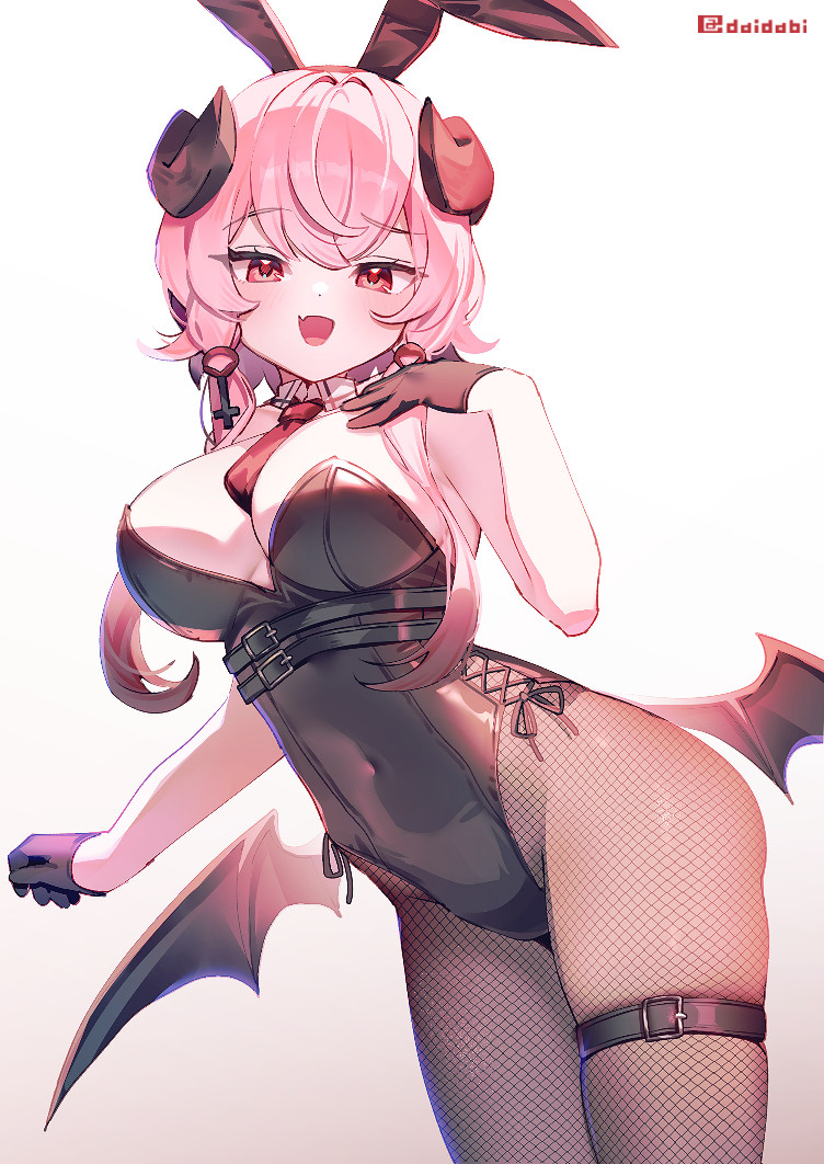 d omm, bernina (stella sora), stella sora, commentary request, 1girl, animal ear hairband, animal ears, artist name, bat wings, between breasts, black gloves, black leotard, black wings, breasts, cowboy shot, cross, cross-laced clothes, cross-laced leotard, demon girl, demon horns, detached collar, fake animal ears, fang, fishnet pantyhose, fishnets, gloves, hair between eyes, hairband, hand up, horns, inverted cross, large breasts, leotard, long sidelocks, looking at viewer, low-tied sidelocks, low wings, navel, necktie, necktie between breasts, open mouth, pantyhose, pink hair, playboy bunny, rabbit ear hairband, rabbit ears, red eyes, sheep horns, short hair with long locks, sidelocks, skin fang, skindentation, solo, strap, thigh strap, wings