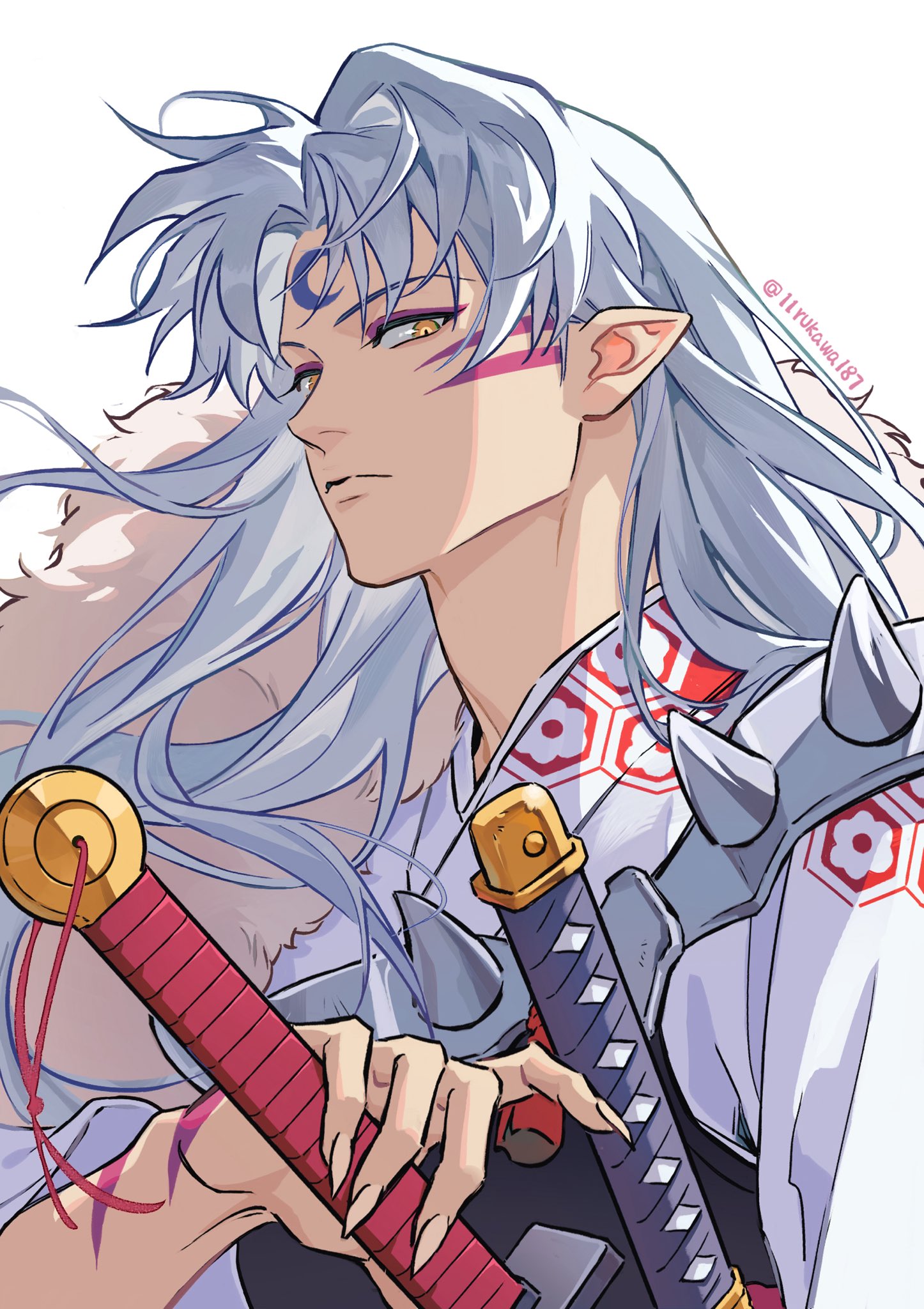sesshoumaru, inuyasha, commentary request, highres, 11rukawa187, 1boy, armor, claws, closed mouth, crescent, crescent facial mark, demon boy, eyeliner, facial mark, fingernails, forehead mark, grey hair, japanese armor, japanese clothes, katana, long hair, looking at viewer, makeup, male focus, parted bangs, pointy ears, red eyeliner, sharp fingernails, shoulder spikes, solo, spikes, sword, twitter username, upper body, weapon, white background, yellow eyes