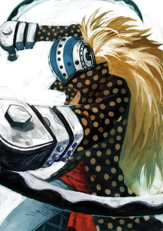 lack, killer (one piece), one piece, 1boy, blonde hair, denim, helmet, jeans, long hair, male focus, mask, pants, pirate, polka dot, polka dot shirt, sabaody archipelago, sash, shirt, solo, sword, very long hair, weapon
