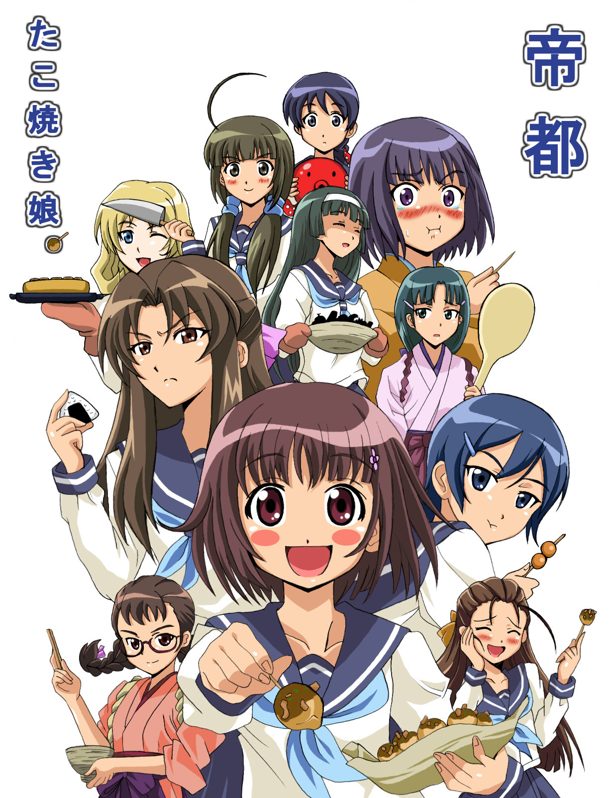 arudebido, anna curtland, ishigaki tamaki, kawashima noe, kikusaka kochou, ogasawara akiko, owari noriko, sakurami kyouko, souya yuki, suzukawa koume, tsukubae shizuka, tsukubae tomoe, taishou yakyuu musume, highres, 6+girls, ahoge, blunt bangs, blush stickers, bob cut, everyone, food, glasses, hair ornament, hairband, hairclip, japanese clothes, kimono, knife, multiple girls, onigiri, parody, school uniform, serafuku, short hair, takoyaki