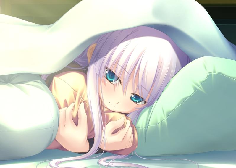 @@@ (ecch1x), aaa, kazami haruki, fujiwara no mokou, kohaku (shinikiss), shinigami no kiss wa wakare no aji, touhou, silver hair, bad id, bad pixiv id, game cg, 1girl, aqua eyes, blanket, blue eyes, female focus, hugging object, long hair, on bed, pillow, pillow hug, pov across bed, solo, under covers