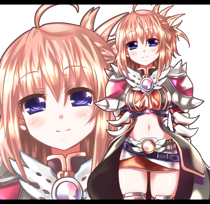 chibi (nekomimimi), chibi (pixiv), rune knight (ragnarok online), ragnarok online, bad id, bad pixiv id, ahoge, armor, blue eyes, blush, brown hair, jewelry, letterboxed, miniskirt, skirt, smile, thighhighs