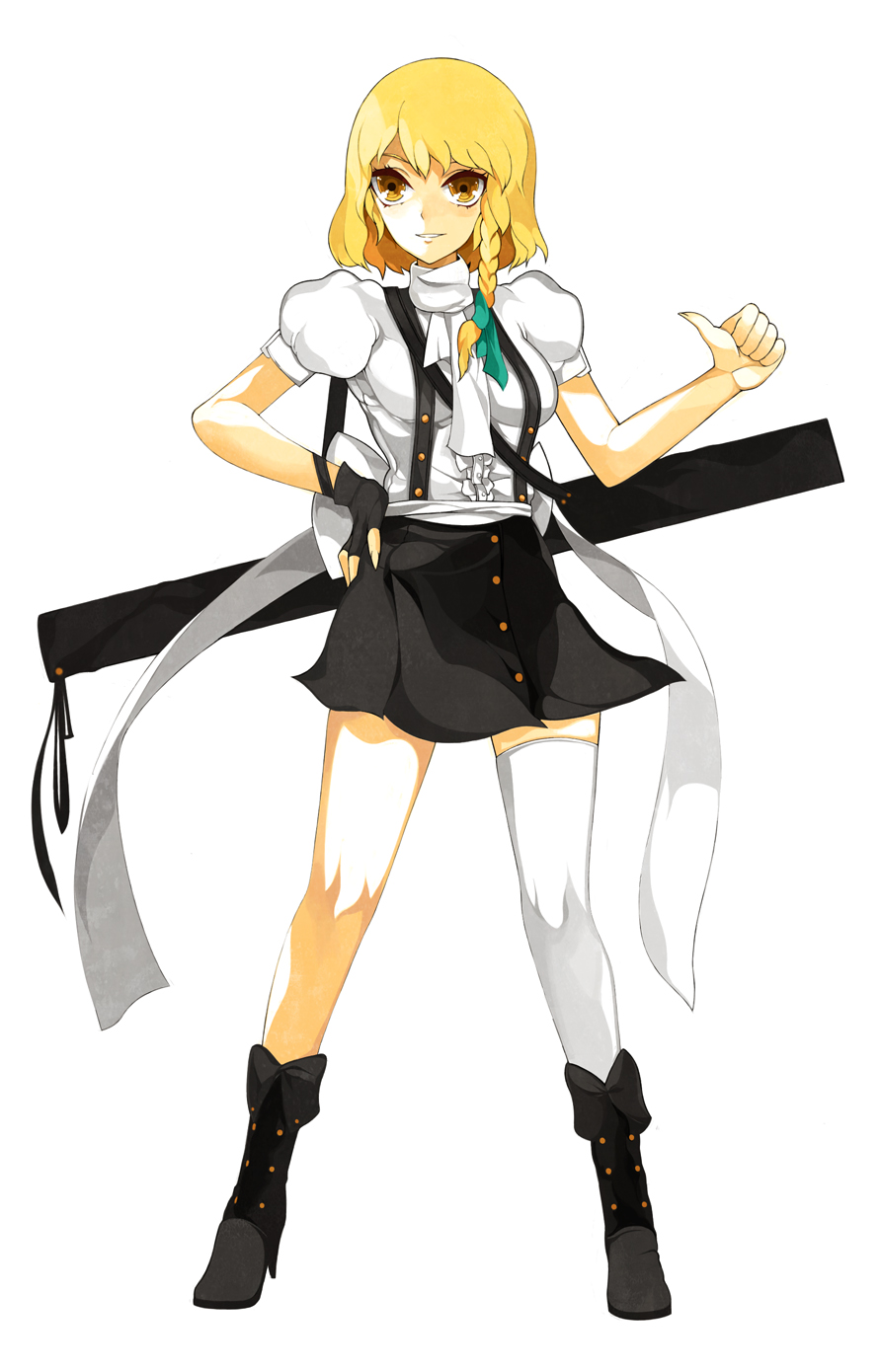 kakaaru, kirisame marisa, touhou, bad id, bad pixiv id, highres, 1girl, alternate costume, blonde hair, braid, female focus, full body, ribbon, short hair, simple background, single thighhigh, solo, suspenders, thighhighs, white background, yellow eyes