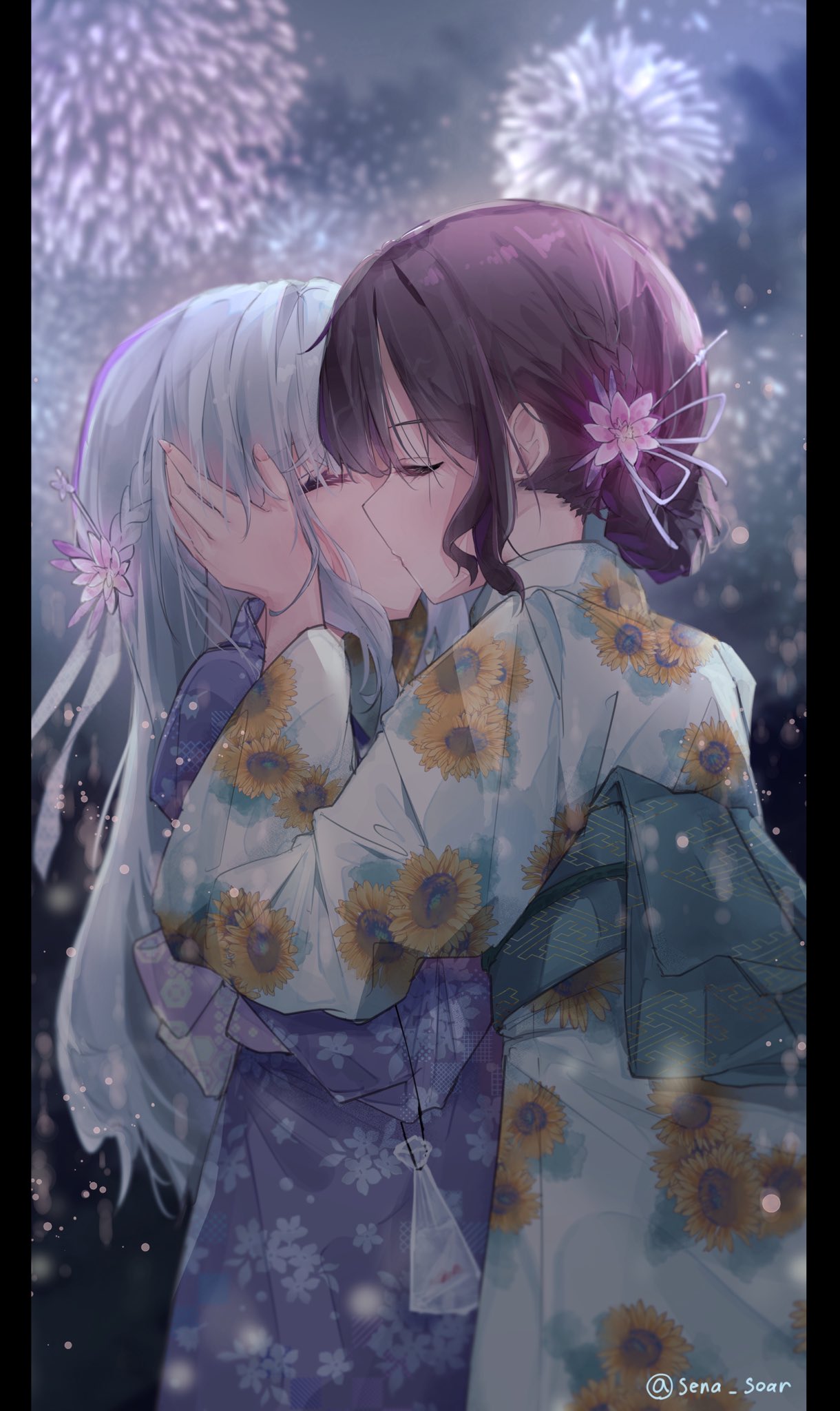 sena (sena soar), original, commentary request, commission, highres, second-party source, 2girls, blue kimono, braid, brown hair, closed eyes, fireworks, floral print, floral print kimono, flower, grey hair, hair flower, hair ornament, half up braid, hand on another's face, japanese clothes, kimono, kiss, multiple girls, night, obi, pillarboxed, pink flower, print kimono, purple kimono, sash, yuri