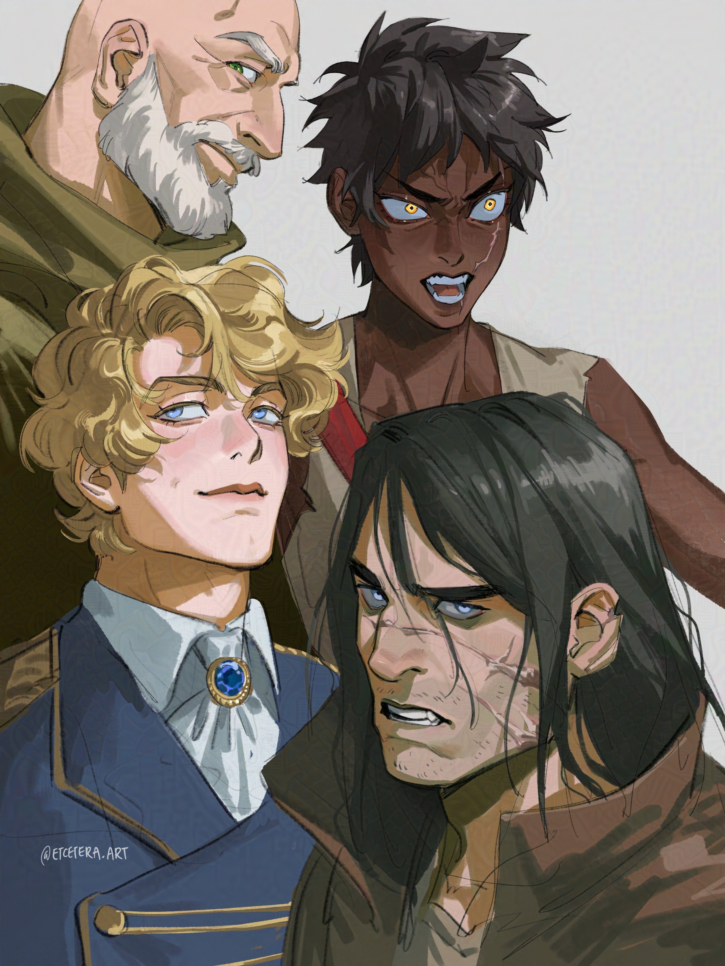 etceteraart, absurdres, character request, commentary, english commentary, highres, 1girl, 3boys, angry, bald, beard, black hair, blonde hair, blue eyes, brooch, brown coat, coat, collared shirt, curly hair, dark skin, facial hair, ferro maljinn, green eyes, high collar, jewelry, jezal dan luthar, logen ninefingers, long hair, military uniform, multiple boys, mustache, open mouth, scar, scar across eye, scar on face, shirt, short hair, sleeveless, sleeveless shirt, smile, smug, teeth, the first law, twitter username, white shirt, yellow eyes