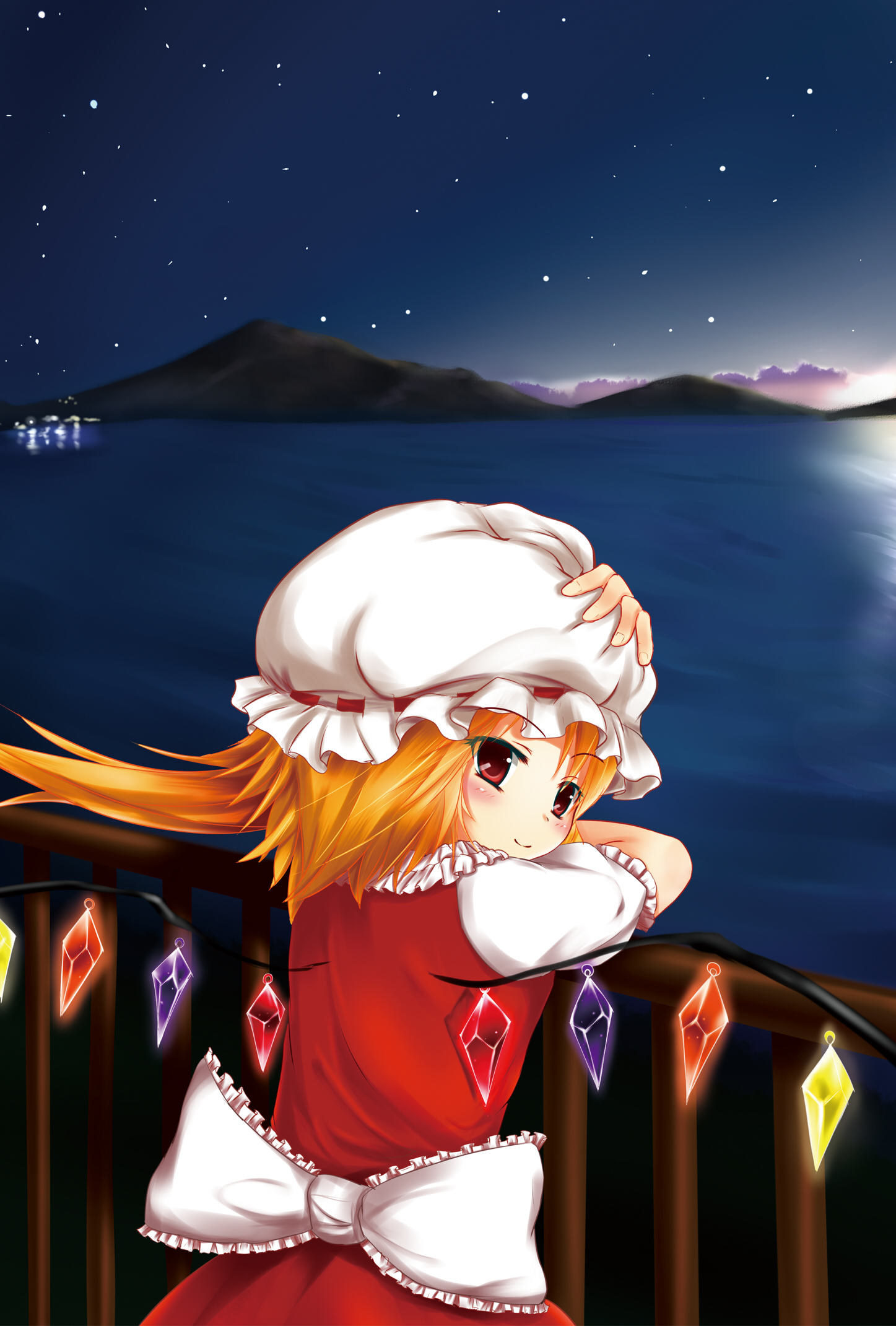 hiiragi mitsuna, flandre scarlet, touhou, highres, 1girl, against railing, blonde hair, female focus, hat, mob cap, one side up, ponytail, railing, red eyes, short hair, side ponytail, sky, solo, star (sky), starry sky, white hat, wings