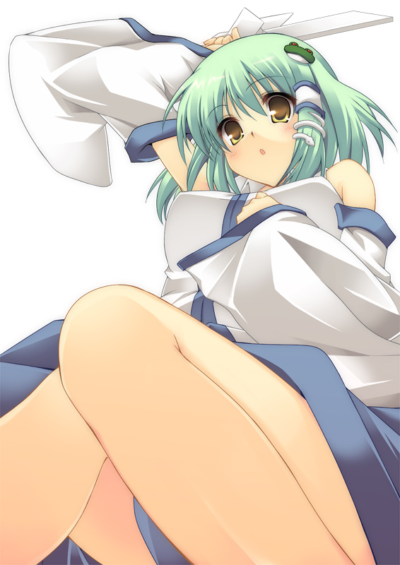 nanashi (soregashi), kochiya sanae, touhou, 1girl, female focus, frog, green hair, hair ornament, japanese clothes, legs, miko, simple background, snake, solo, white background, yellow eyes