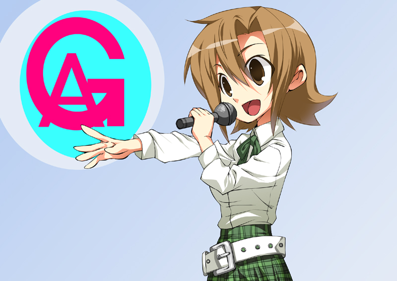 kadou, nozaki namiko, ga geijutsuka art design class, plaid, 00s, belt, brown hair, microphone, music, school uniform, short hair, singing, solo