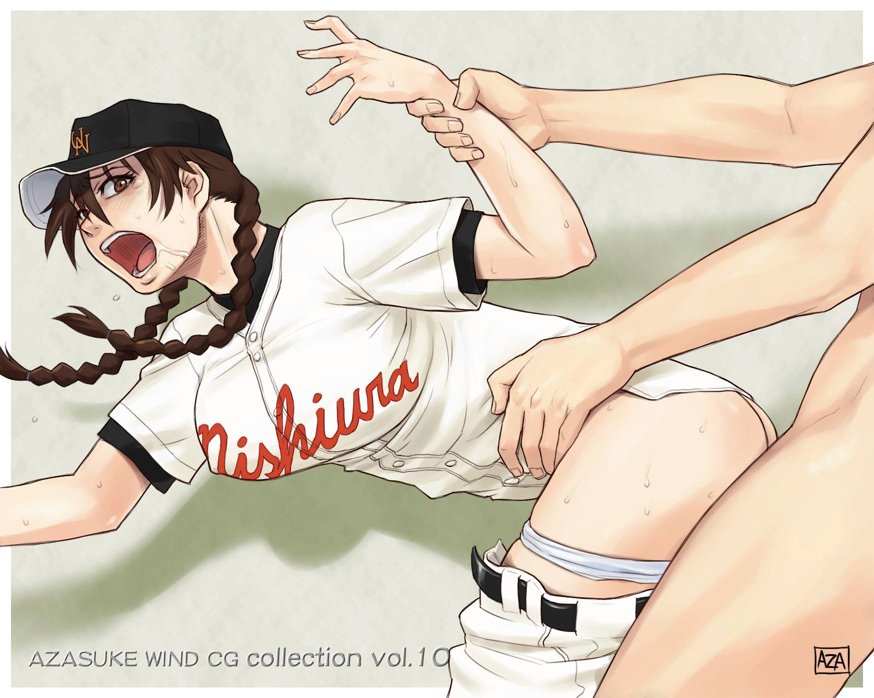 azasuke, momoe maria, ookiku furikabutte, arm grab, uniform, highres, 1girl, baseball cap, baseball uniform, belt, bent over, braid, breasts, brown eyes, brown hair, clothes writing, doggystyle, drooling, hat, open mouth, panties, pants pull, panty pull, saliva, sex, solo focus, sportswear, sweat, tears, torso grab, twin braids, twintails, underwear, vaginal, white panties