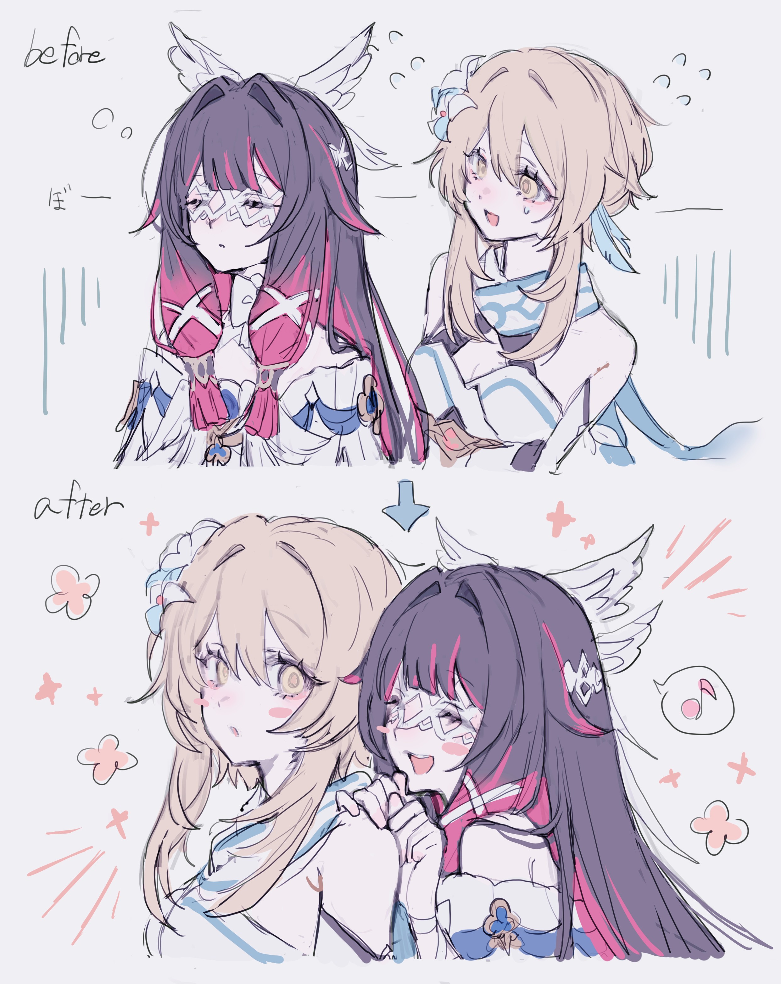 x x (batttsu 404), columbina (genshin impact), lumine (genshin impact), genshin impact, absurdres, highres, 2girls, black hair, blonde hair, blush, breasts, closed eyes, from behind, hair ornament, head wings, long hair, looking at another, multicolored hair, multiple girls, open mouth, red hair, short hair, smile, twintails, upper body, veil, wings, yellow eyes, yuri