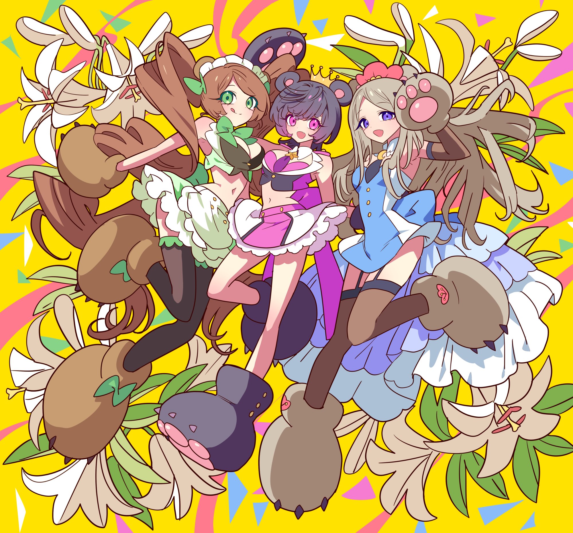 meremero, tsubaki kureha, yurigasaki lulu, yurishiro ginko, yuri kuma arashi, highres, 3girls, :d, :q, animal costume, animal ears, animal hands, arm up, bear costume, bear ears, bear girl, bear paws, black hair, blue dress, blue eyes, breasts, brown hair, crown, dress, floating hair, flower, frilled skirt, frills, full body, gloves, green eyes, green skirt, grey hair, lily (flower), long hair, looking at viewer, maid headdress, miniskirt, multiple girls, navel, open mouth, paw gloves, paw shoes, purple eyes, purple skirt, shoes, short hair, skirt, smile, standing, standing on one leg, thighhighs, tongue, tongue out, twintails, yellow background