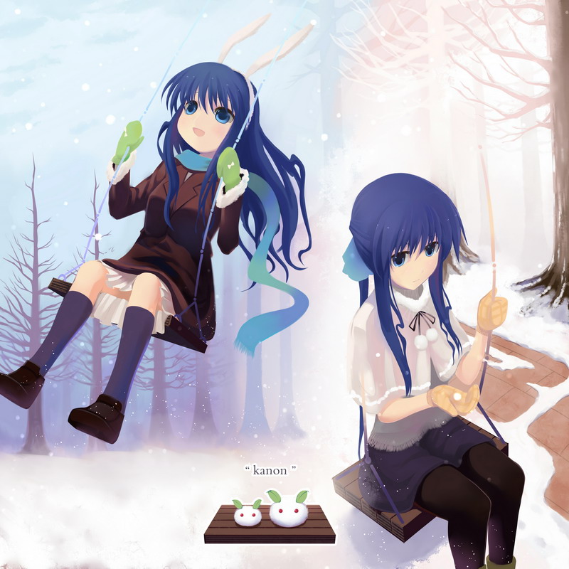 yunohara konomi, kawasumi mai, kanon, aged down, animal ears, blue eyes, blue hair, long hair, mittens, on swing, pantyhose, rabbit ears, scarf, snow rabbit, swing, swinging on swing, winter clothes