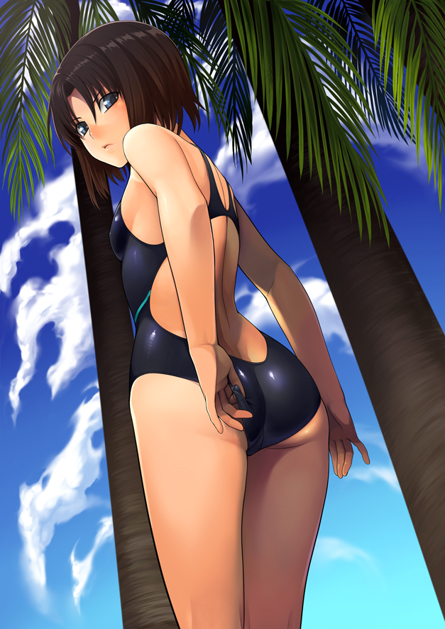 yuzuriha (active homing), ryougi shiki, kara no kyoukai, bad id, bad pixiv id, 1girl, adjusting clothes, adjusting swimsuit, ass, bare shoulders, blue eyes, breasts, brown hair, cloud, competition swimsuit, covered erect nipples, day, female focus, from behind, from below, frown, glaring, lips, looking back, one-piece swimsuit, palm tree, short hair, skin tight, sky, small breasts, solo, swimsuit, thighs, tree