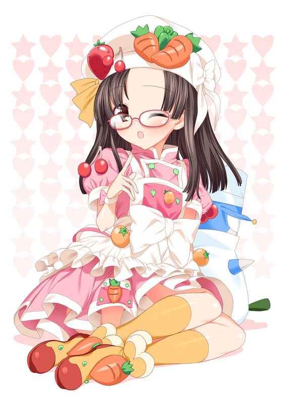 suzume inui, hiiragi mine, cooking idol ai! mai! main!, bad id, bad pixiv id, 1girl, apron, bespectacled, black hair, blush, brown eyes, carrot, cherry, female focus, food, food-themed clothes, food print, fruit, fruit print, glasses, hat, looking at viewer, one eye closed, orange print, solo, strawberry, vegetable, wink