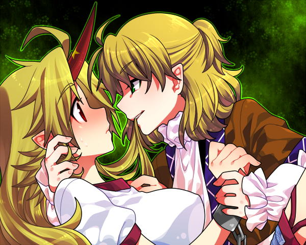 kiri futoshi, hoshiguma yuugi, mizuhashi parsee, touhou, 2girls, blonde hair, blush, cuffs, eye contact, female focus, green eyes, hair in own mouth, half updo, holding another's wrist, horns, looking at another, multiple girls, pointy ears, profile, red eyes, role reversal, shackles, single horn, yuri