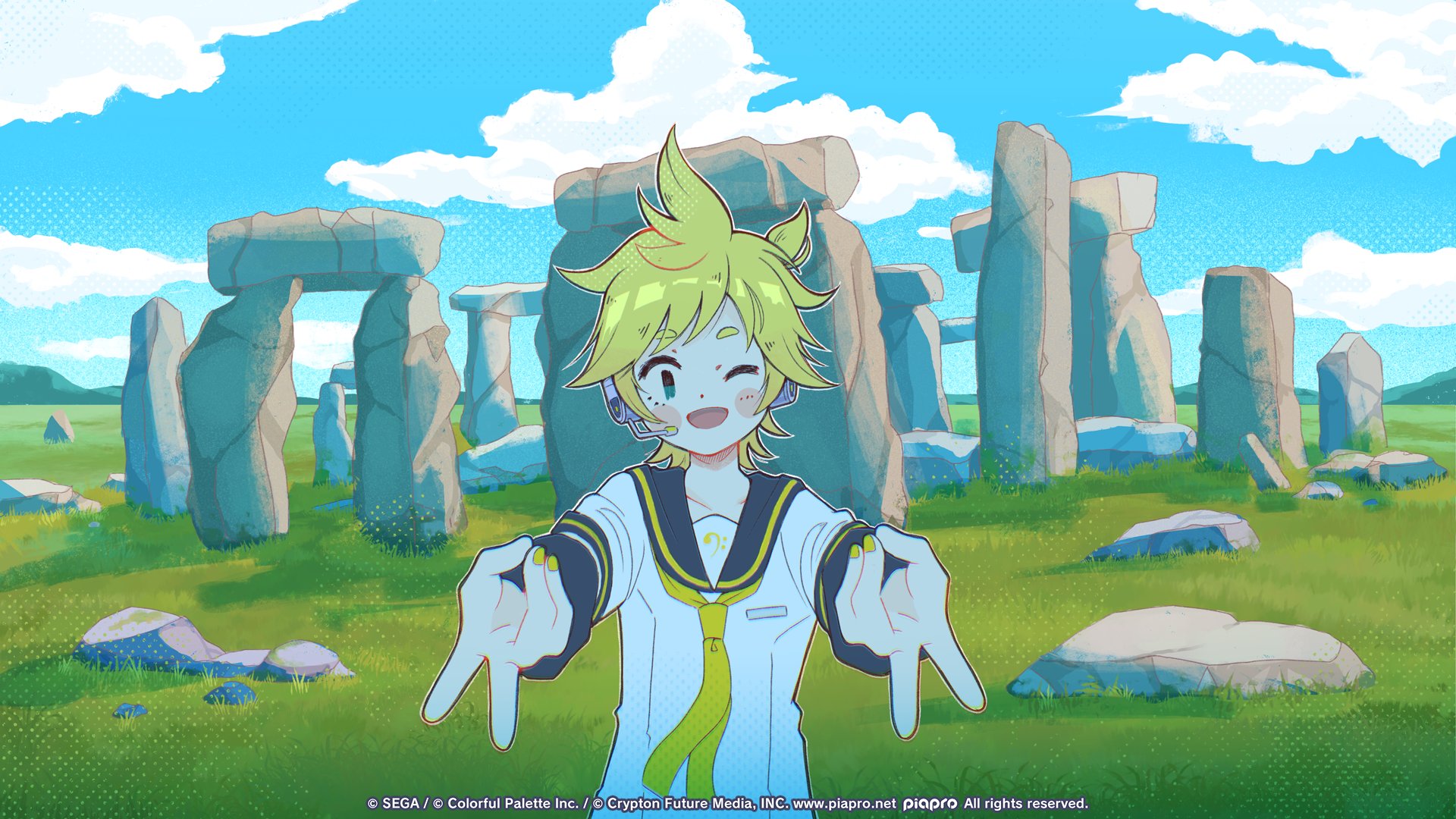 nemupan, kagamine len, project sekai, vocaloid, commentary, commentary request, english commentary, highres, official art, second-party source, 1boy, ;d, bass clef, ben-day dots, black sailor collar, blonde hair, blue sky, blush stickers, breast pocket, cloud, cloudy sky, collarbone, copyright notice, day, dot nose, double gyaru v, grass, green eyes, guest art, gyaru v, headset, long sleeves, looking at viewer, male focus, microphone, nail polish, neckerchief, one eye closed, open mouth, outdoors, outline, pocket, ponytail, rock, sailor collar, screentones, shirt, short eyebrows, short hair, short ponytail, sidelocks, sky, smile, solo, spiked hair, stonehenge, swept bangs, upper body, v, white outline, white shirt, yellow nails, yellow neckerchief