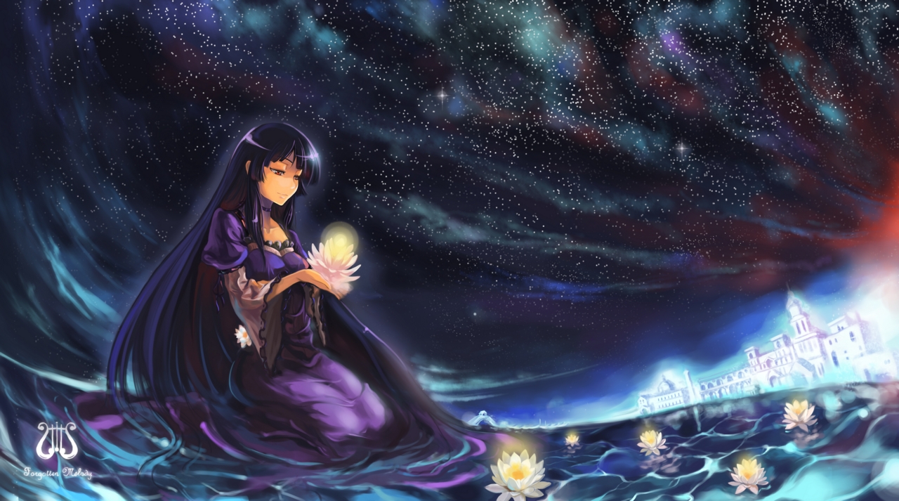fortal, priscilla (eternita), eternita, 1girl, black hair, blunt bangs, dress, dress flower, female focus, flower, hime cut, long hair, solo, very long hair, water lily flower