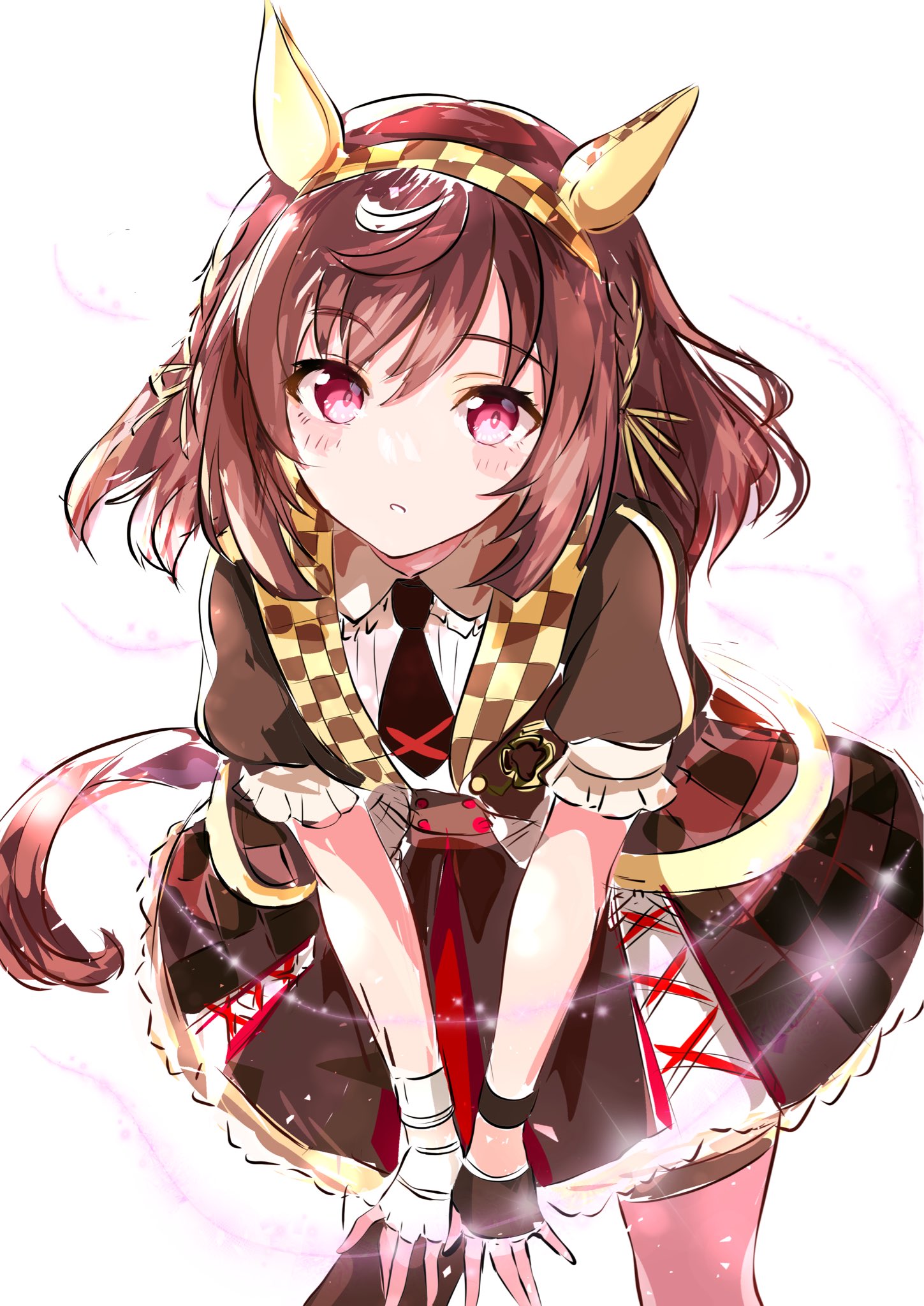 kanon (flowercanon), buena vista (heroina inocente) (umamusume), buena vista (umamusume), umamusume, commentary request, highres, 1girl, animal ears, asymmetrical gloves, black jacket, black necktie, black thighhighs, blush, braid, breasts, brown hair, checkered collar, checkered hairband, collared shirt, fingerless gloves, gloves, hair between eyes, hair ornament, hairband, headband, horse ears, horse girl, horse tail, jacket, looking at viewer, medium hair, mismatched gloves, necktie, purple eyes, shirt, simple background, single thighhigh, skirt, solo, tail, thighhighs, white shirt