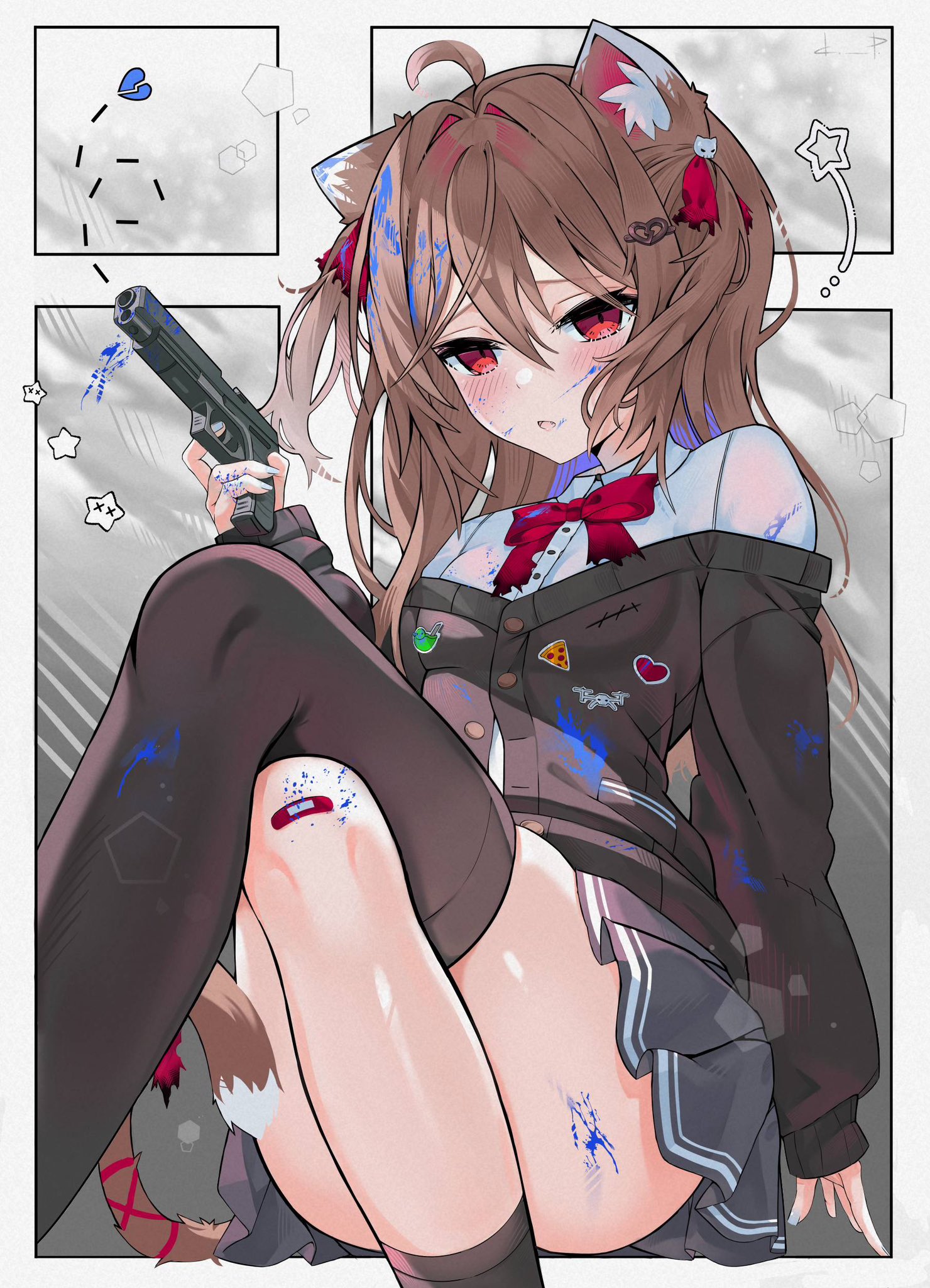 dora pomidora7, evil neuro-sama, neuro-sama, commentary, english commentary, highres, 1girl, ahoge, animal ears, asymmetrical legwear, bandaid, bandaid on knee, bandaid on leg, black cardigan, black skirt, black socks, black thighhighs, blue nails, bow, bowtie, broken heart, broken heart hair ornament, brown hair, cardigan, cat ears, cat girl, cat tail, crossed legs, dress shirt, feet out of frame, from side, gun, hair between eyes, hair ornament, hair ribbon, heart, holding, holding gun, holding weapon, long hair, long sleeves, looking at viewer, miniskirt, nail polish, off-shoulder cardigan, open mouth, paint on body, paint on clothes, pleated skirt, red bow, red bowtie, red eyes, red ribbon, ribbon, shirt, single sock, single thighhigh, sitting, skirt, skull hair ornament, socks, solo, tail, thighhighs, two side up, uneven legwear, vedal ai, virtual youtuber, weapon, white shirt