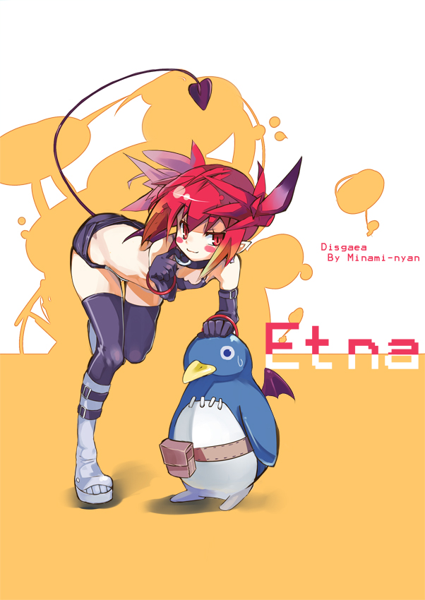 minami-nyan, etna (disgaea), prinny, disgaea, nippon ichi, bad deviantart id, bad id, 1girl, bat wings, demon girl, elbow gloves, female focus, flat chest, gloves, miniskirt, pointy ears, red eyes, red hair, skirt, solo, tail, thighhighs, twintails, wings